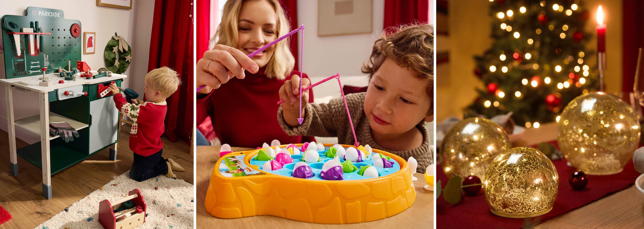 Chlapec sa hrá s dielenským stolom Parkside, matka a dieťa sa hrajú s rybárskou hrou, vianočné dekorácie.