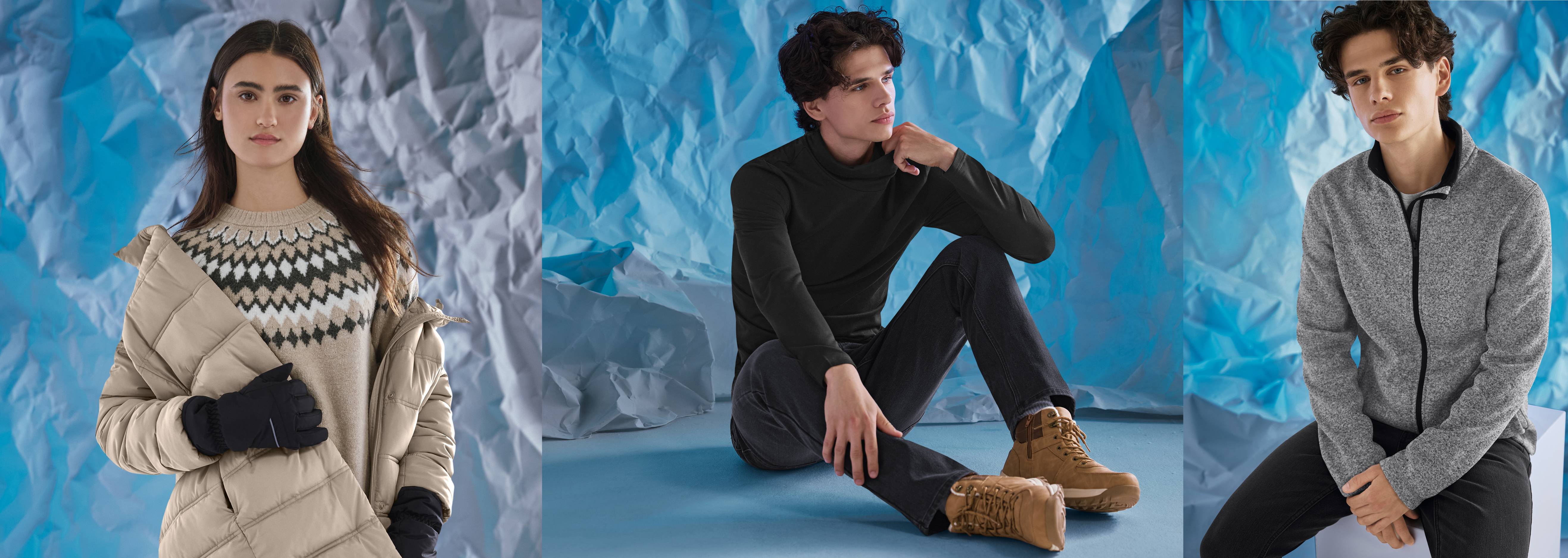 Žena v béžovom svetri a bunde, muž v čiernom roláku a muž v sivom fleecovom svetri.