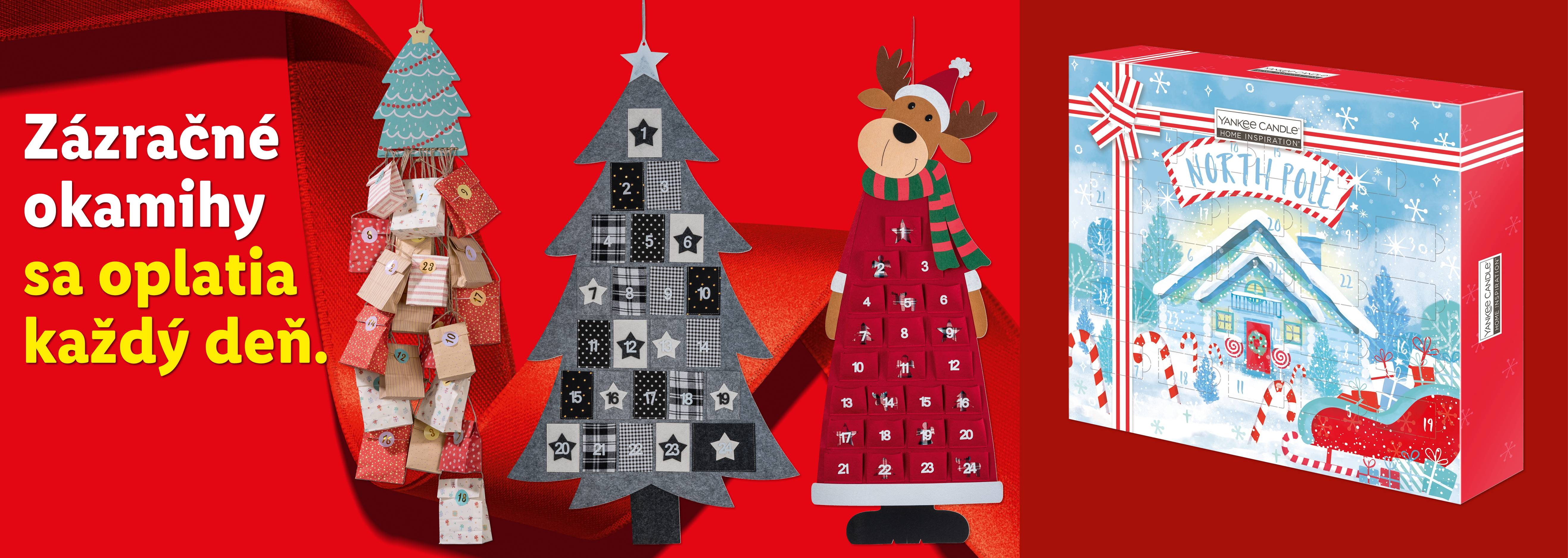 Vianočné adventné kalendáre s motívmi stromčekov, soba a Yankee Candle.