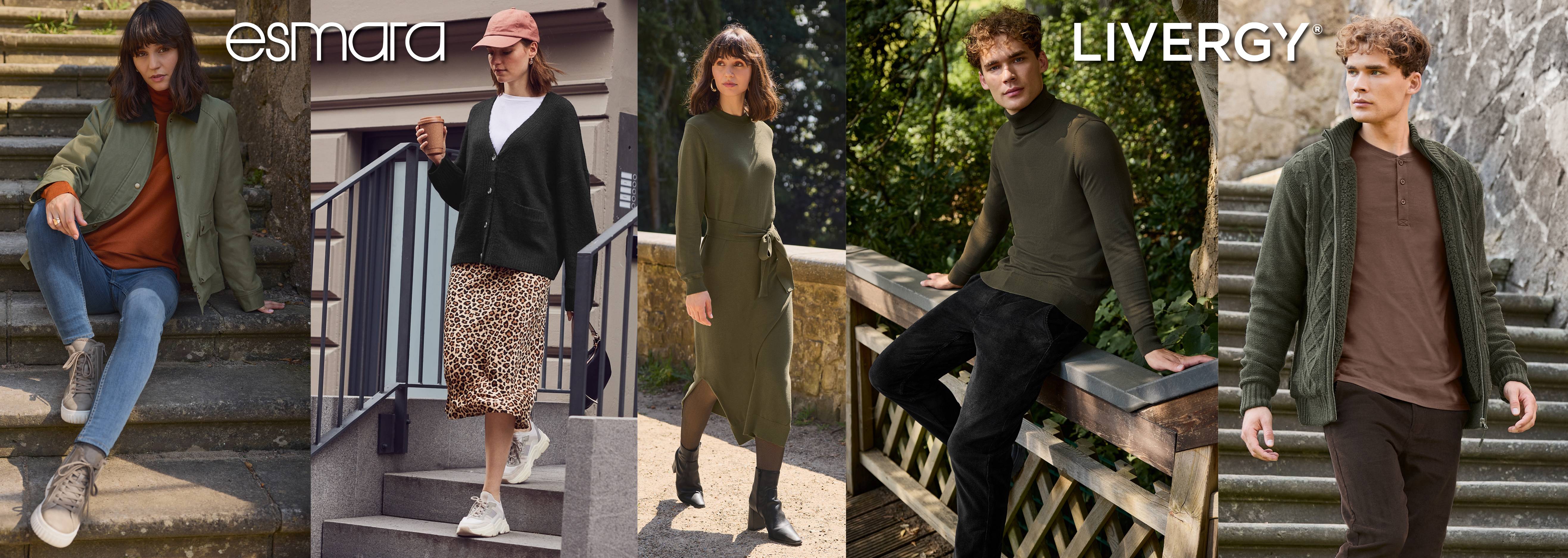 Ženy a muži v jesennom oblečení Esmara a Livergy, vrátane svetrov, šiat a džínsov.