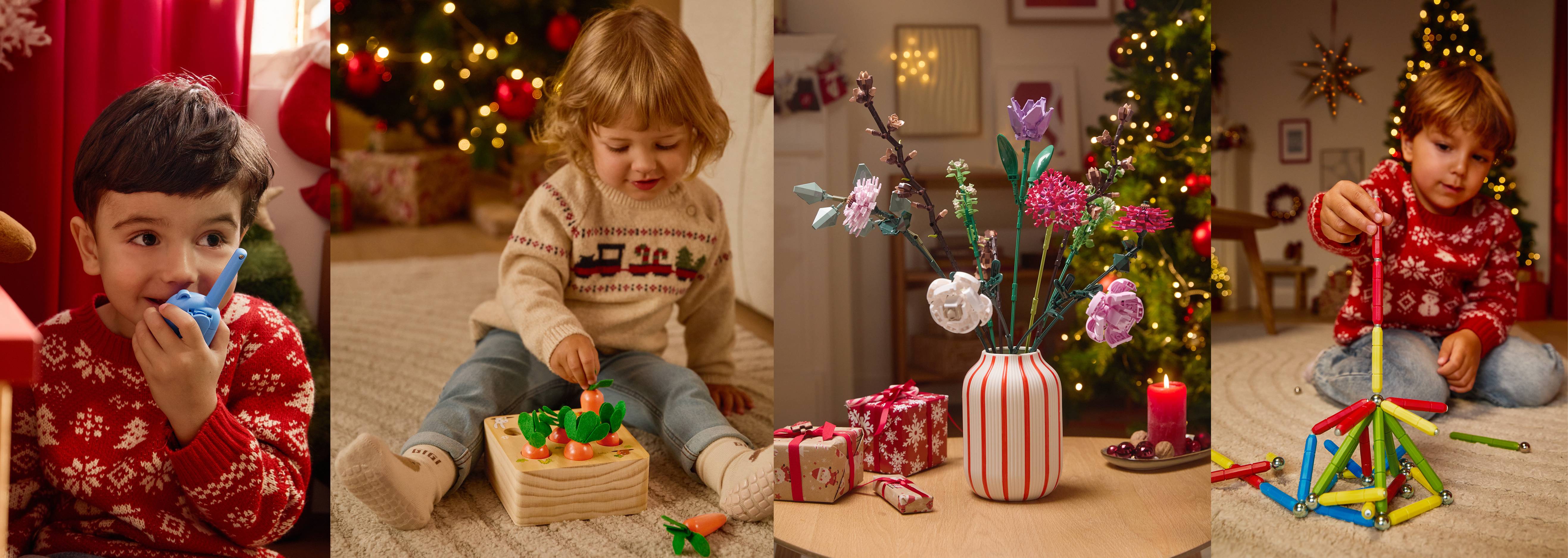 Deti sa hrajú s hračkami a vianočné dekorácie, vrátane kvetov z kociek.