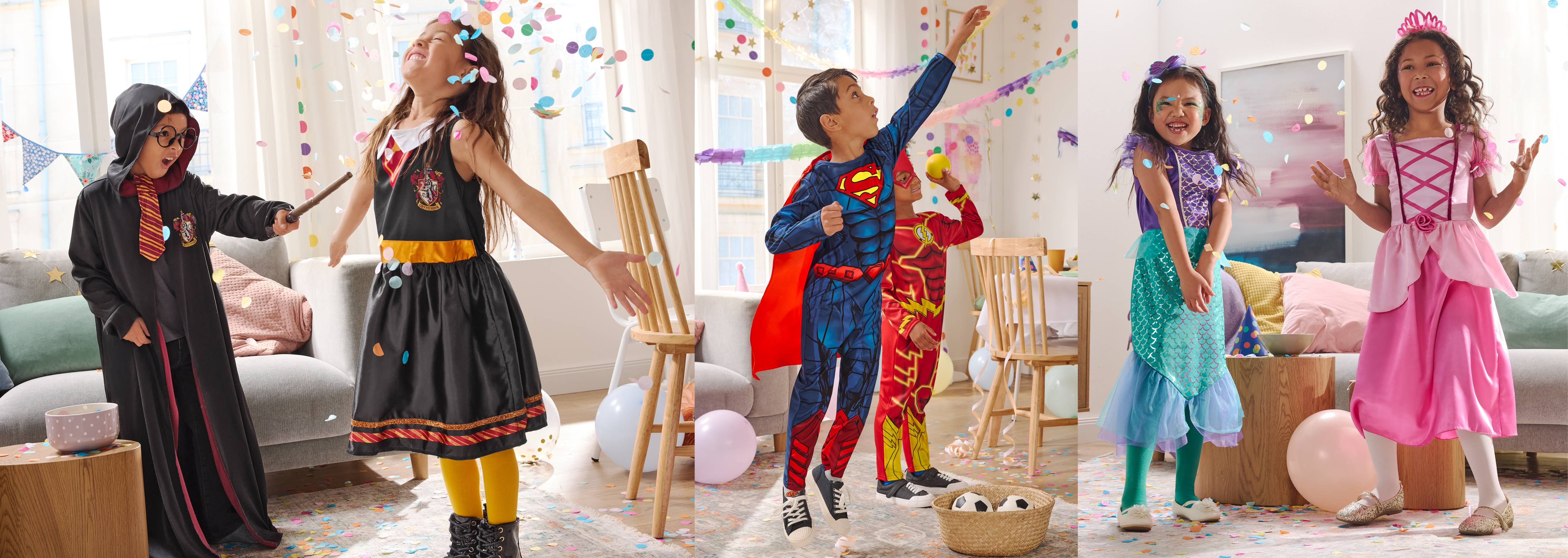 Deti v kostýmoch Harryho Pottera, Supermana, Flasha, morskej panny a princeznej na narodeninovej oslave.