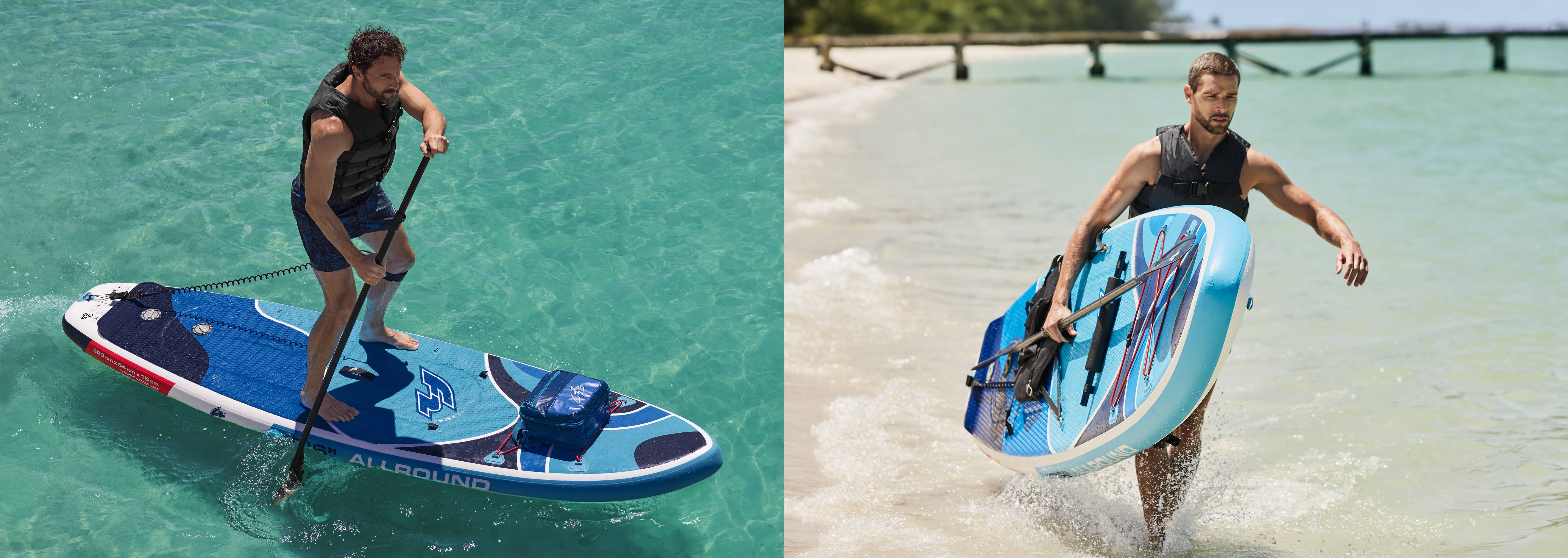 Dvaja muži si užívajú paddleboarding na nafukovacej doske značky Aqua Marina Allround.