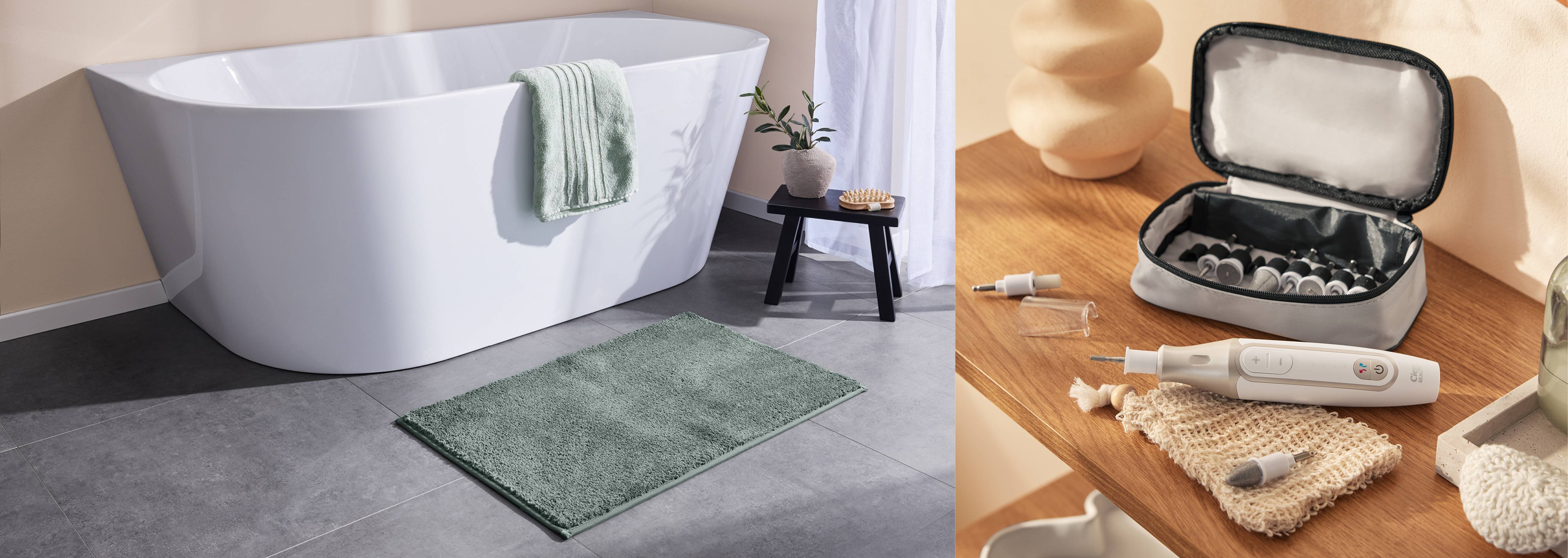 Kúpeľňový priestor s vaňou a doplnkami, vrátane elektrického prístroja na manikúru a pedikúru Scholl.