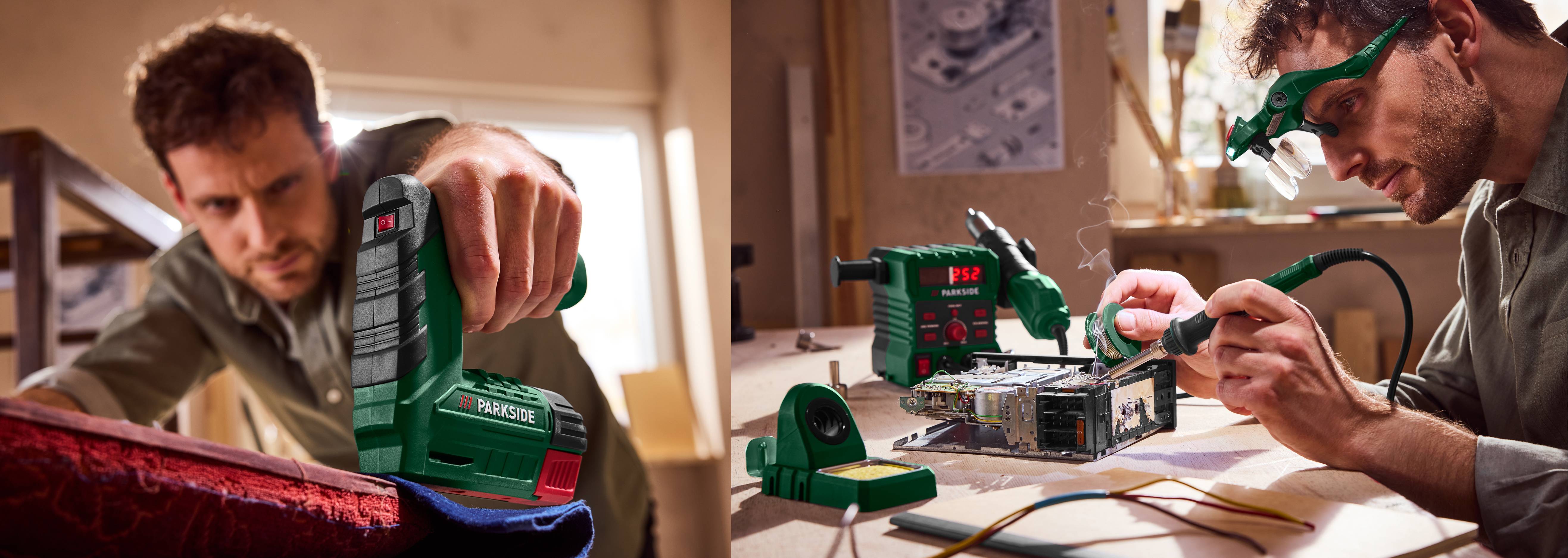 Muž používa sponkovačku Parkside a spájkovačku Parkside na opravu elektroniky.
