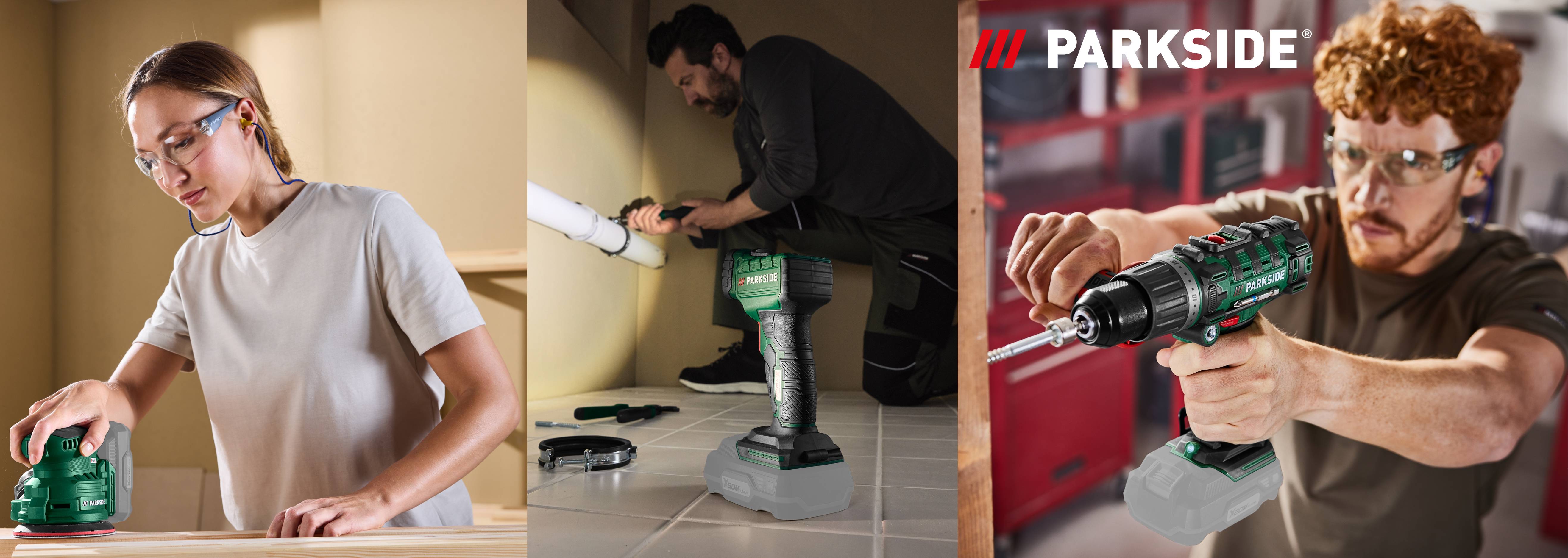 Ľudia používajú náradie Parkside: brúsku, svietidlo a vŕtačku.