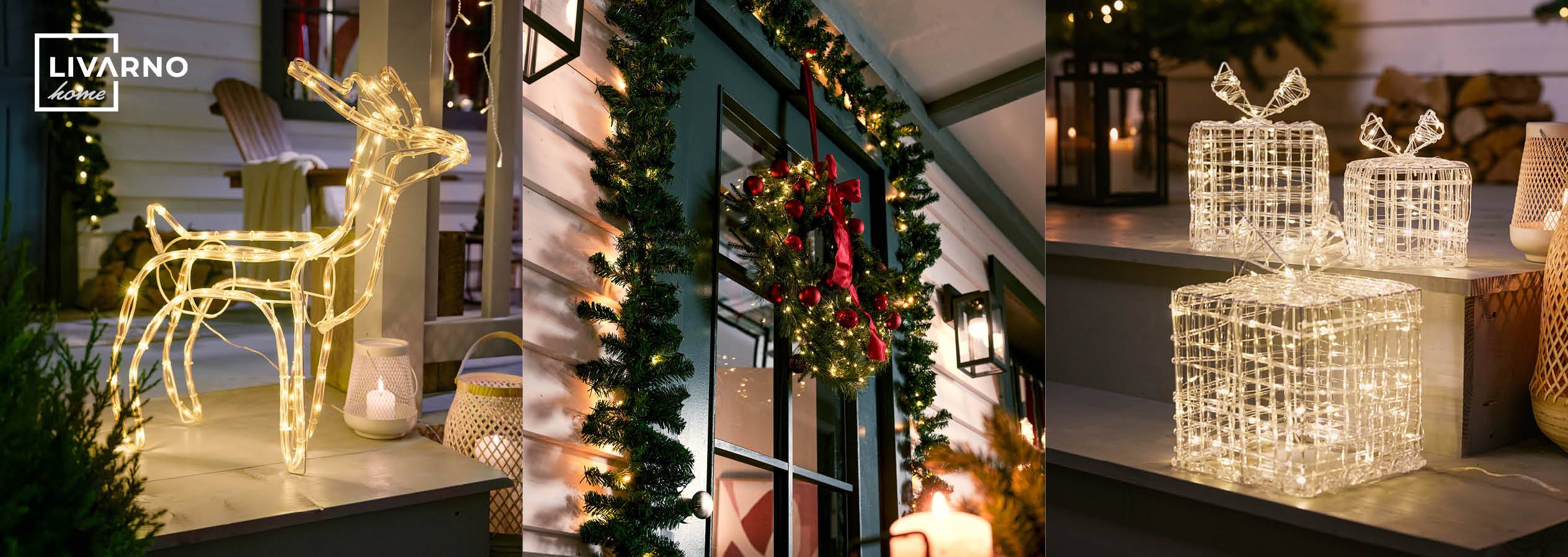 Vianočné osvetlenie Livarno Home: svietiaci sob, veniec a darčeky na verande.