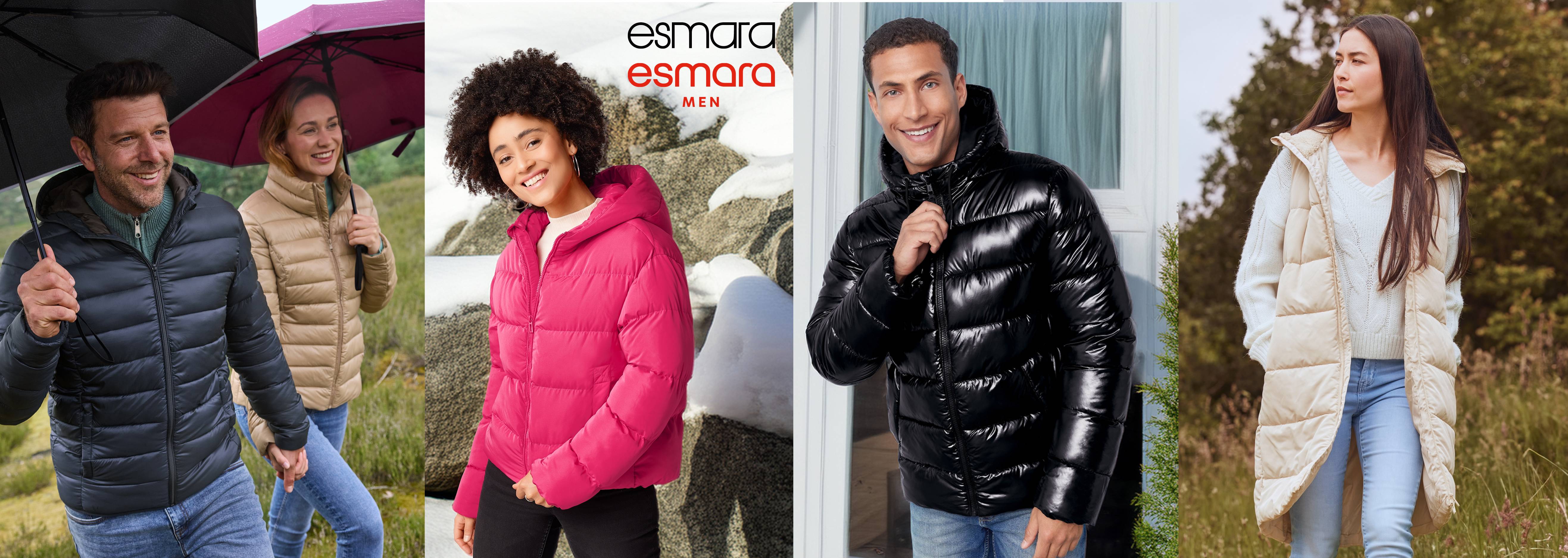 Ľudia v rôznych prešívaných bundách a vestách v prírode.