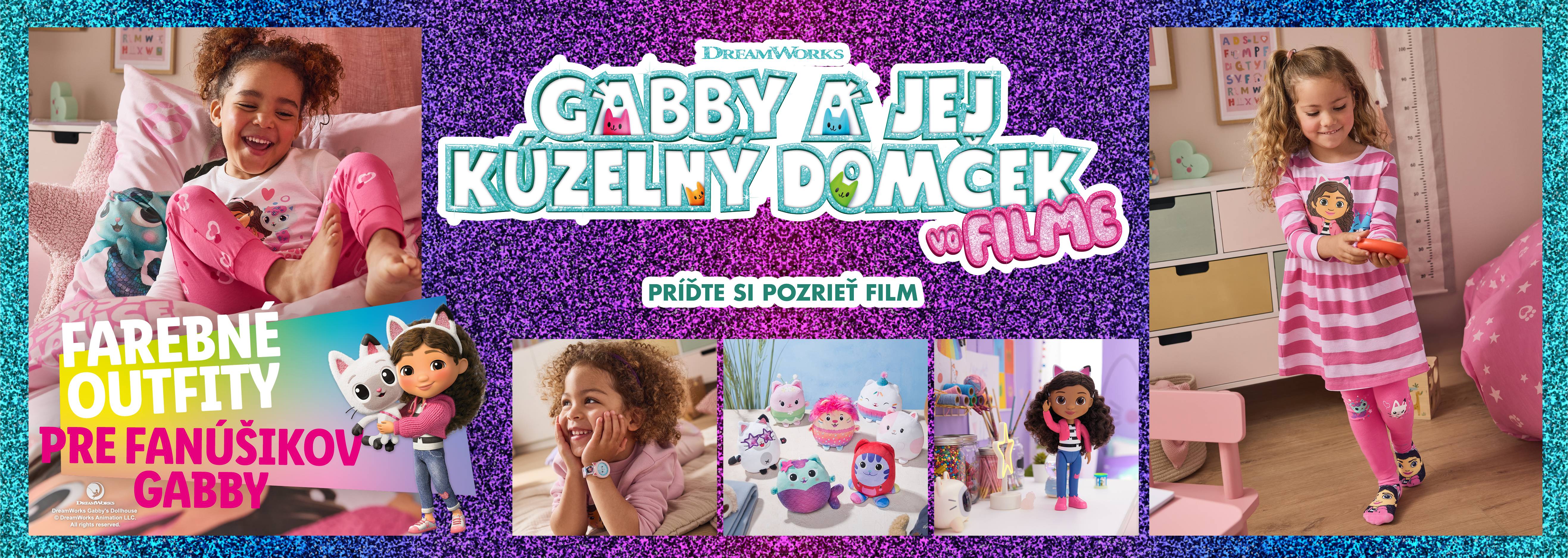Reklama na film DreamWorks Gabby a jej kúzelný domček s detským oblečením a hračkami.