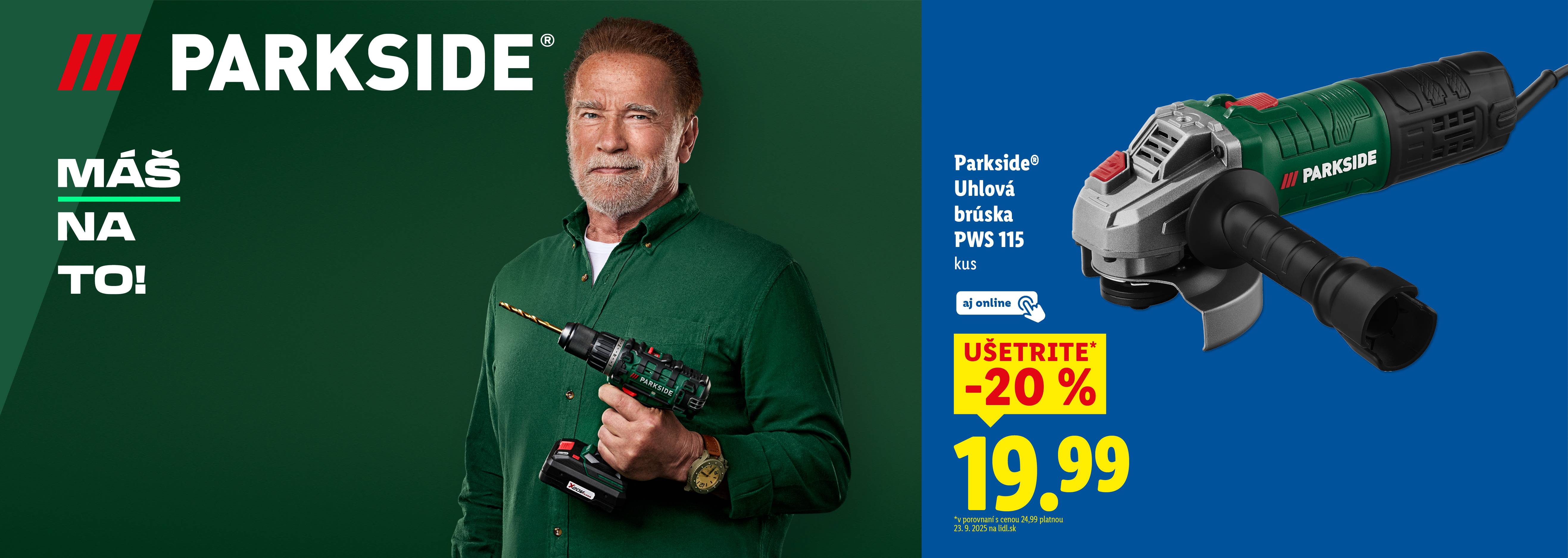 Arnold Schwarzenegger drží vŕtačku, zatiaľ čo uhlová brúska je zobrazená s cenou 19,99.