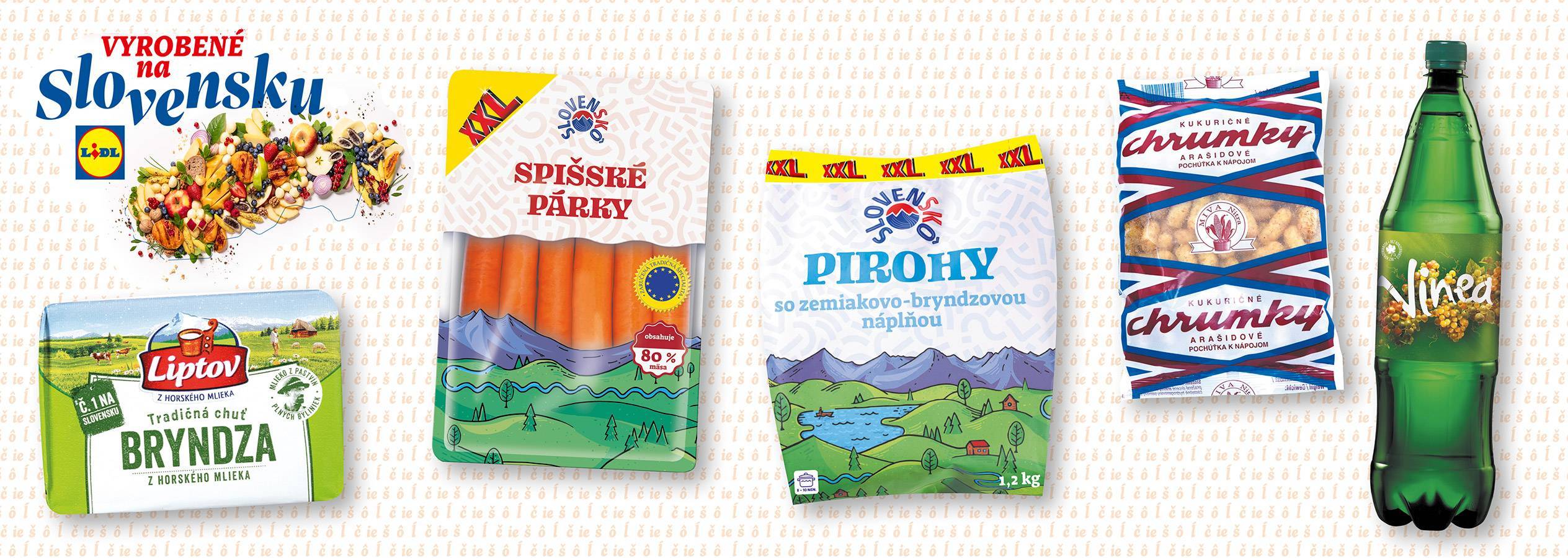 Spisské párky, pirohy, chrumky a nápoj Vinea.