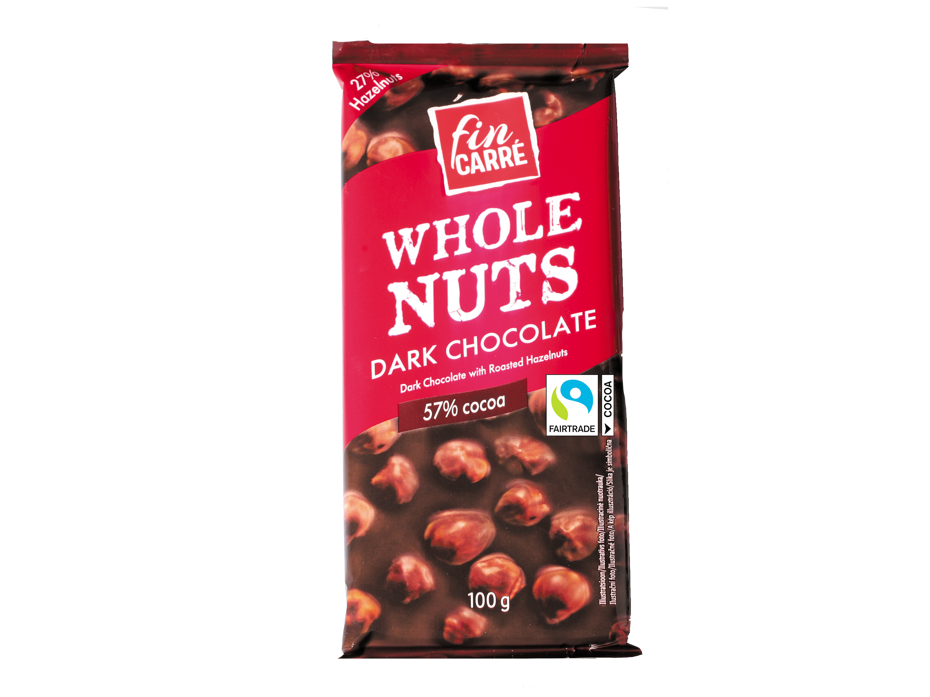 Fin Carré horká čokoláda Whole Nuts s 57 % kakaa a 27 % lieskových orieškov, 100 g.