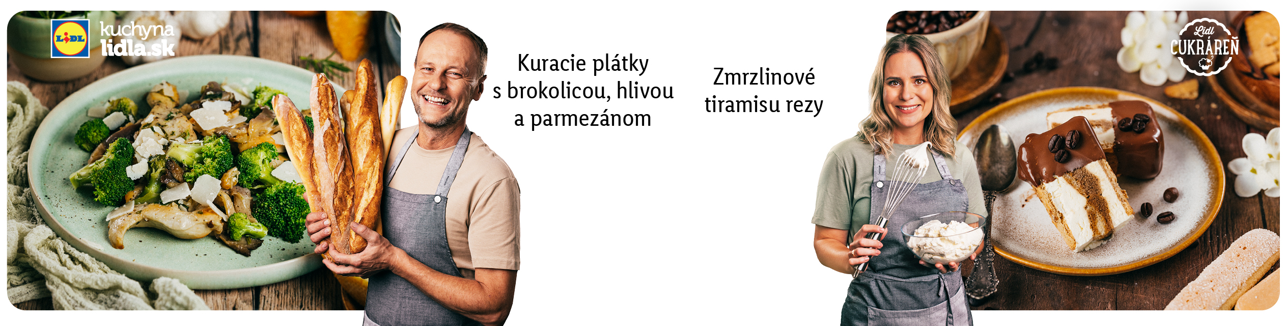 Lidl Kuchyňa a Cukráreň: Muž s bagetami, žena s krémom, jedlo a zákusky.