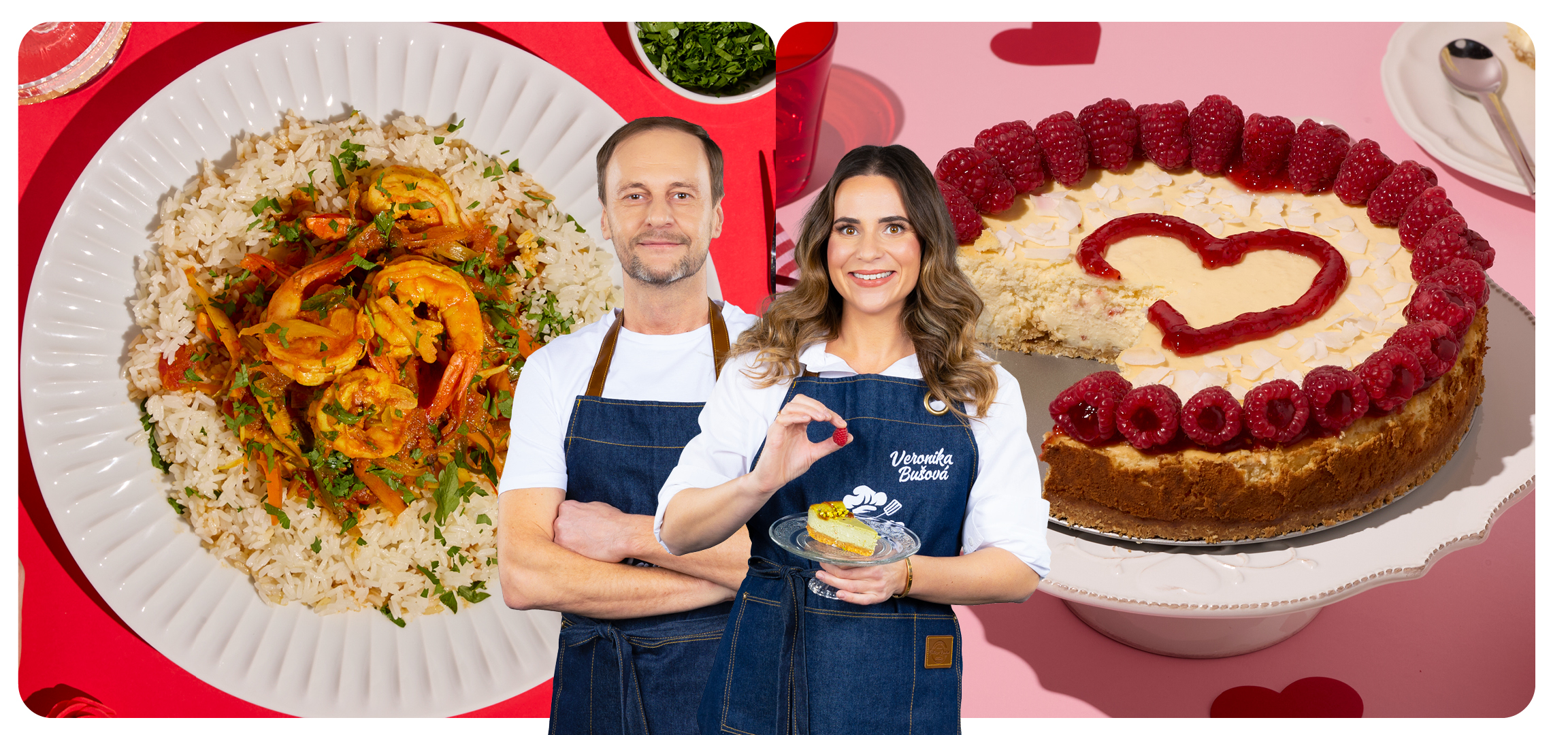 Kari krevety s jazmínovou ryžou a malinový kokosový cheesecake v tvare srdca.