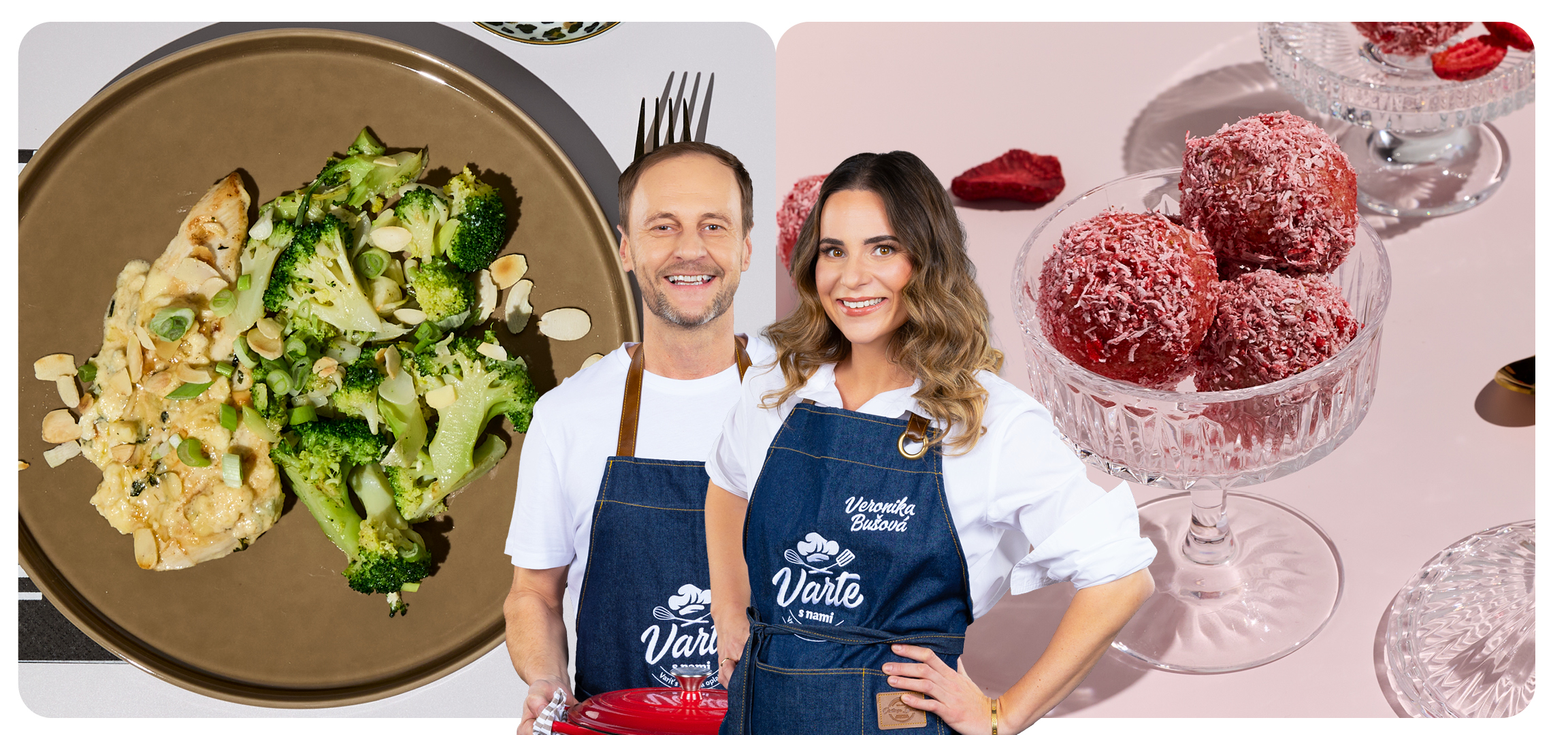 Kuracie rezne s modrým syrom, mandľami a brokolicou; bezlepkové proteínové jahodové guľky.