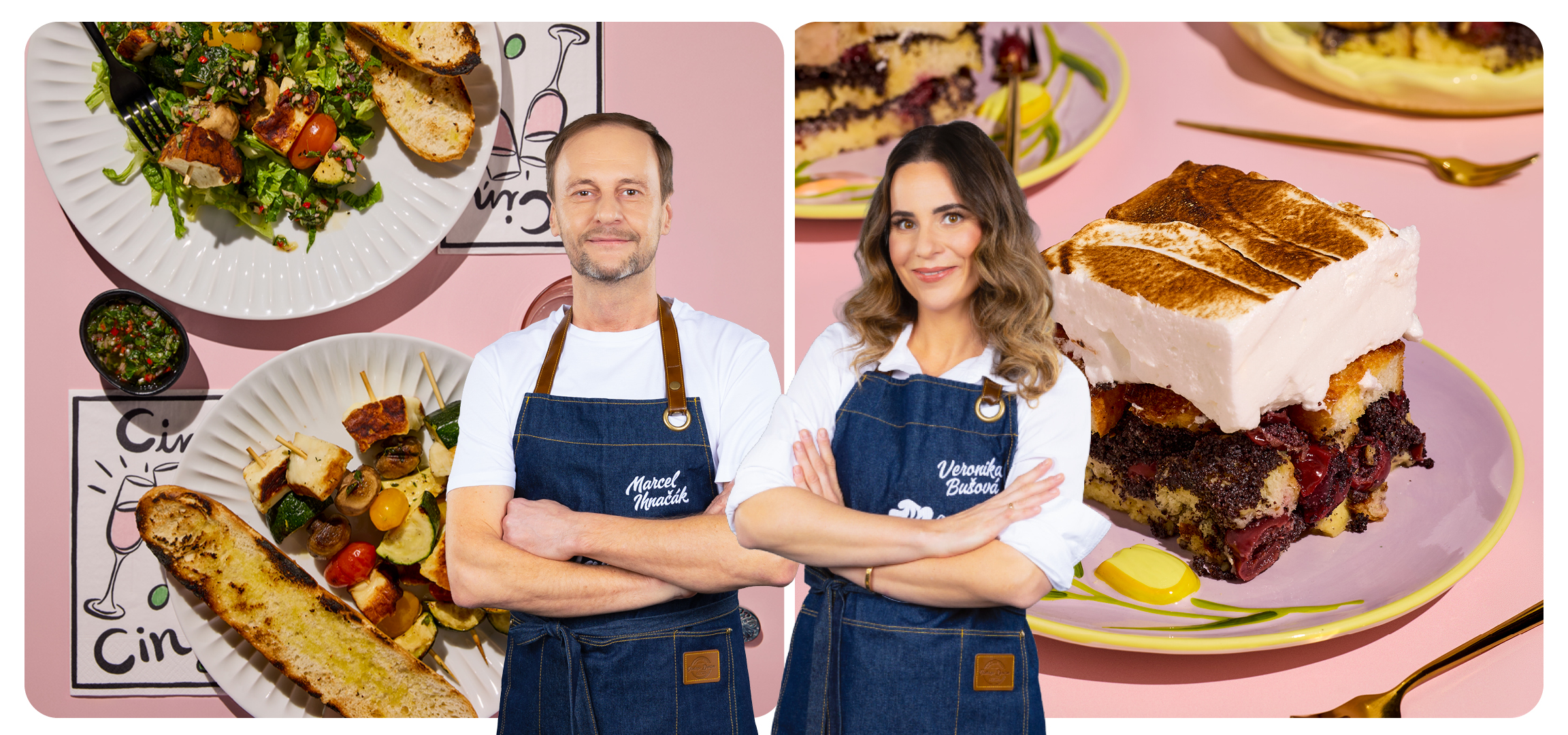 Grilovaný špíz s halloumi syrom, šampiňónmi, cuketou a paradajkami, a bezlaktózová makovo-višňová žemľovka.