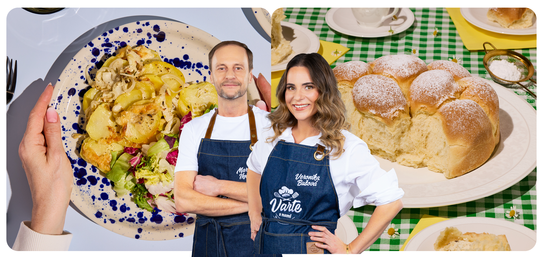 Zapečené zemiaky s morčacím mäsom a buchty s tvarohom a hrozienkami.