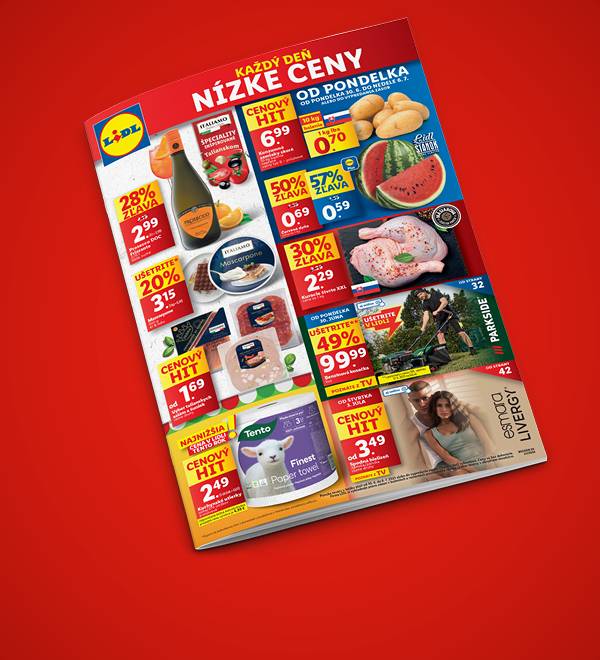 Leták Lidl s ponukou potravín a nápojov, vrátane Prosecca a Mascarpone.