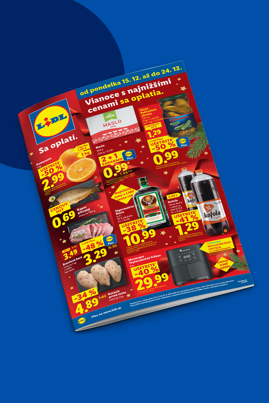 Lidl leták s vianočnými zľavami na potraviny ako maslo, pomaranče, mäso a nápoje.