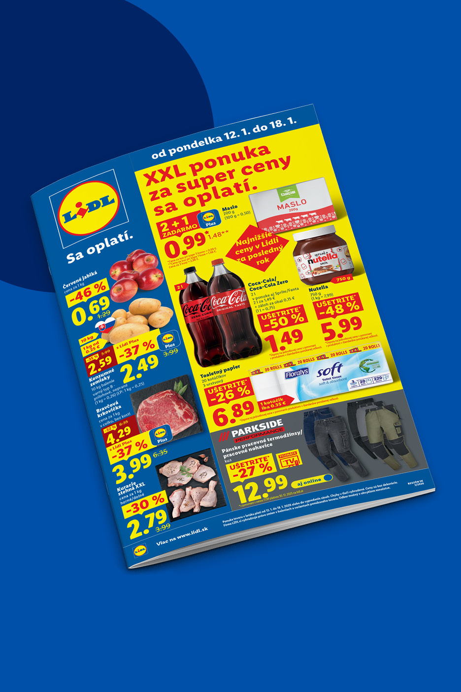 Lidl leták s ponukou XXL cien na maslo, Coca-Colu, Nutellu, jablká, zemiaky, mäso a pracovné nohavice.