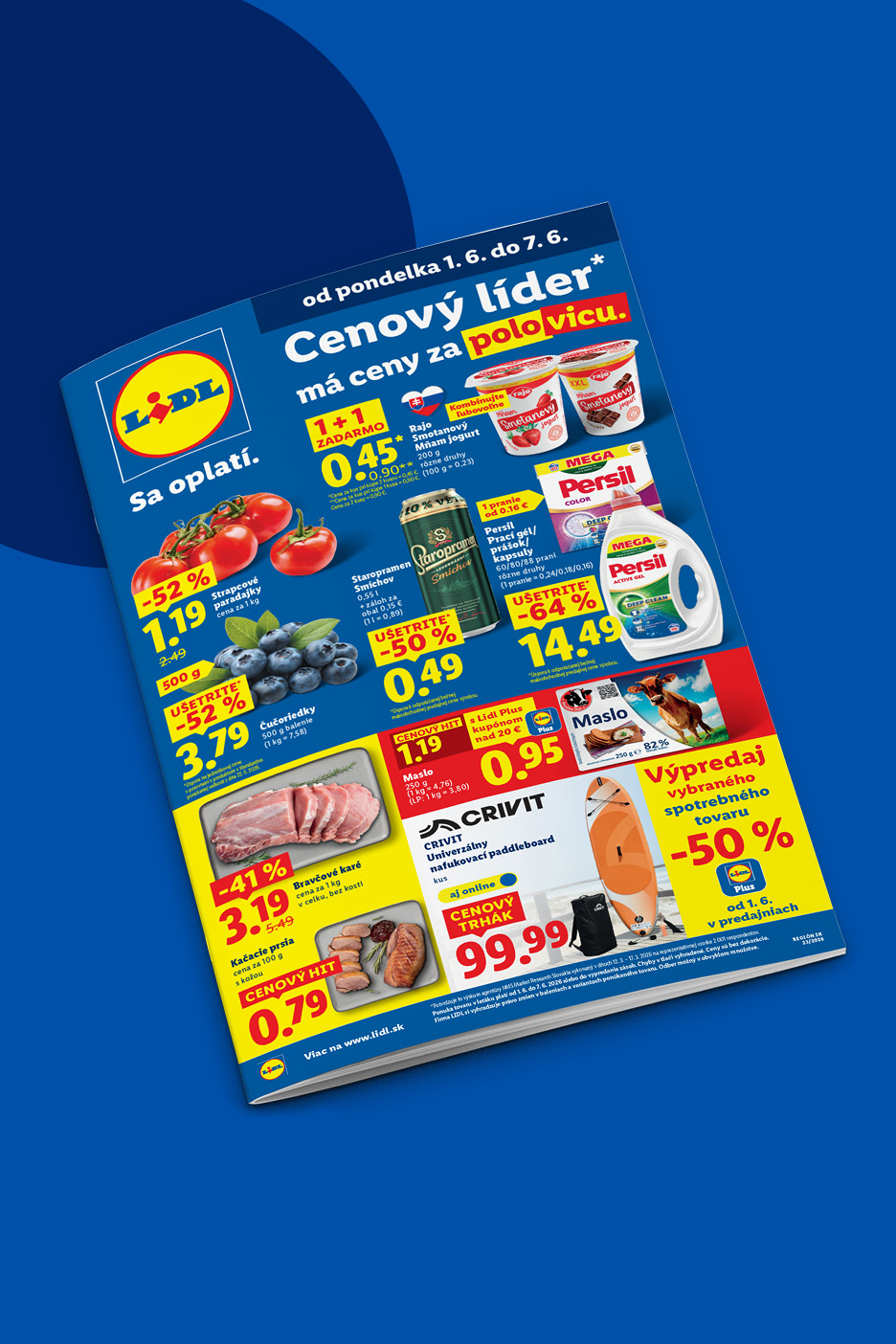 Lidl leták s ponukou potravín a nafukovacieho paddleboardu, s výraznými zľavami a akciami.