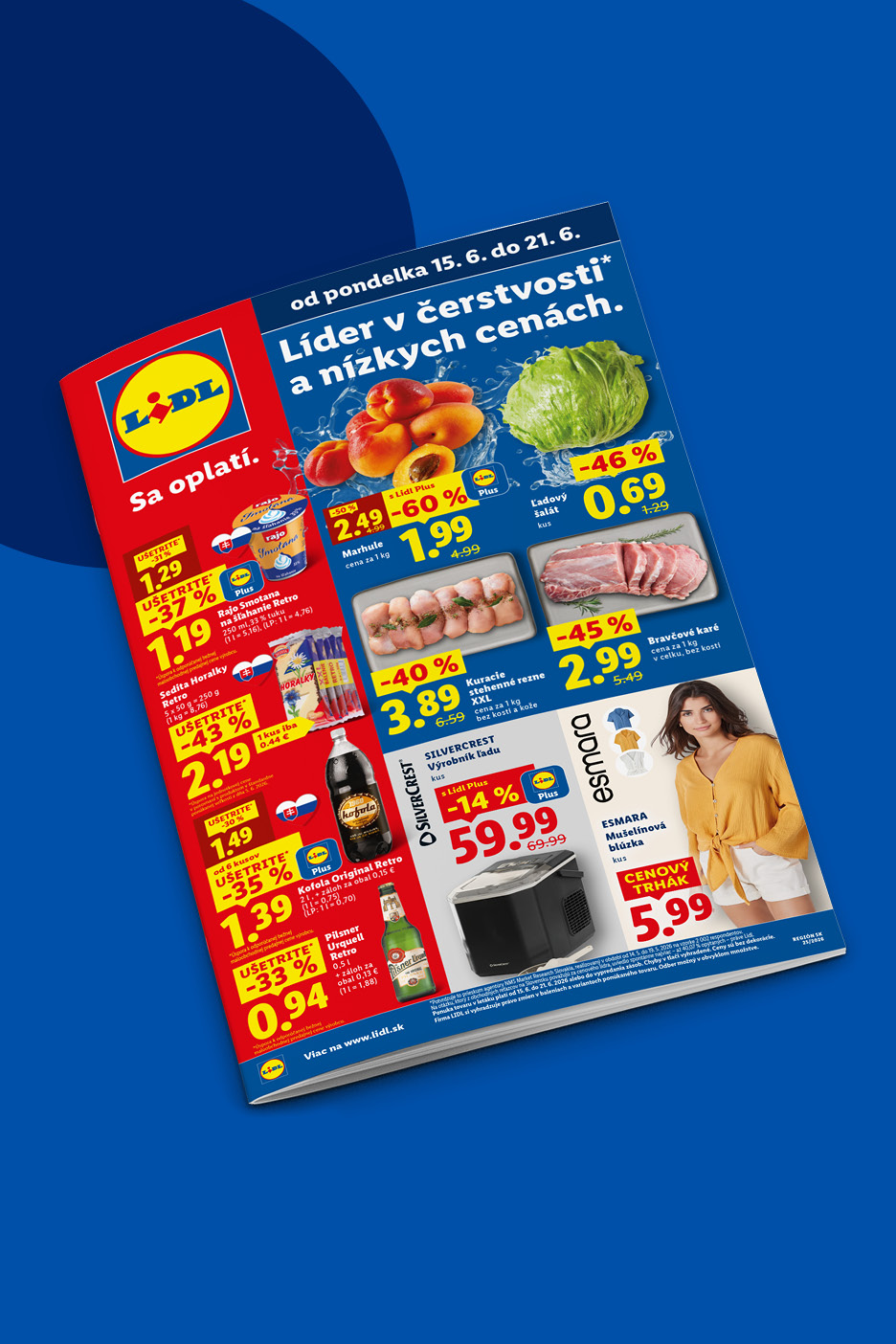Lidl leták s ponukou čerstvých potravín ako marhule, šalát, mäso a ďalšie produkty.