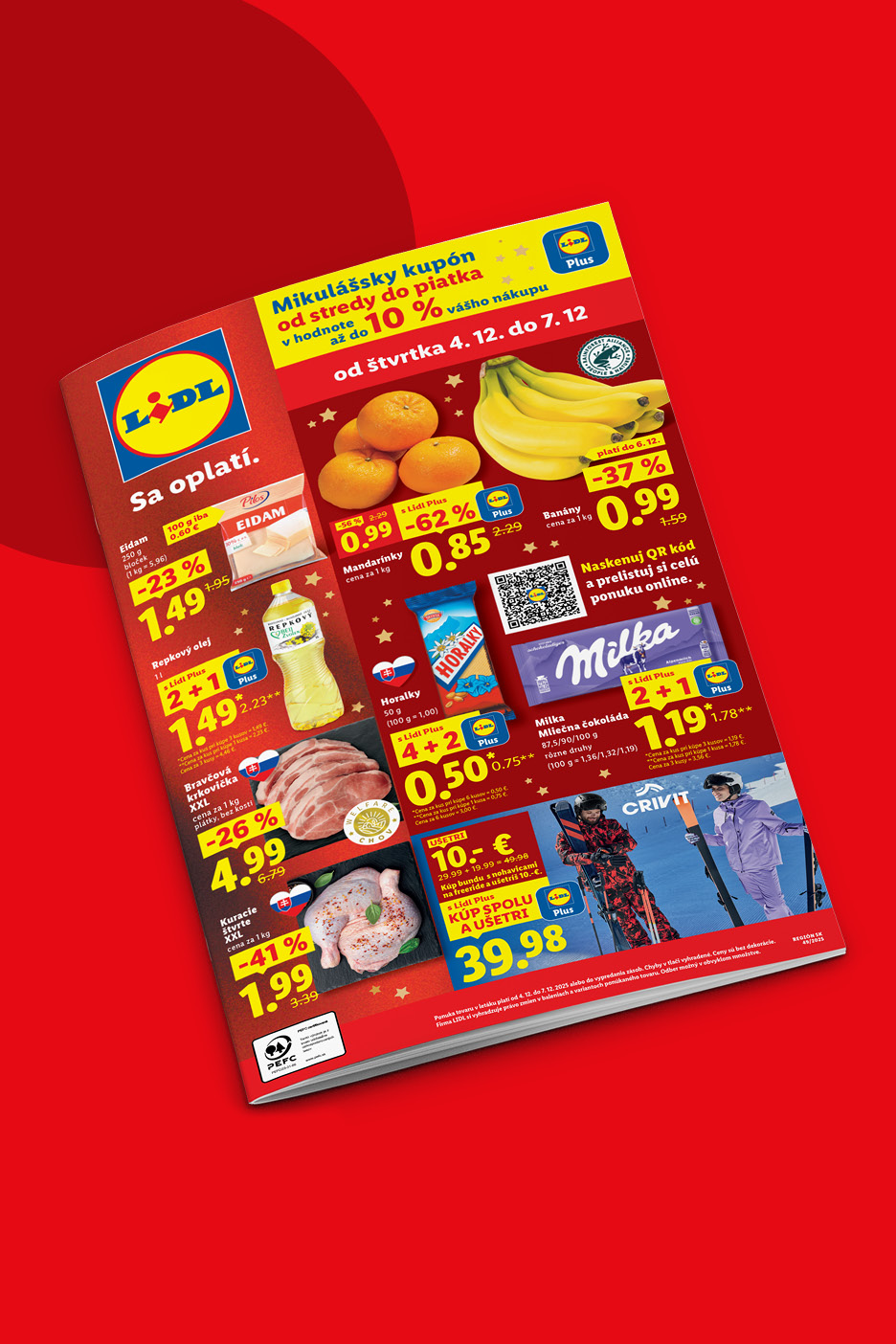 Lidl leták s ponukou potravín ako syr Eidam, banány, mandarínky, Milka čokoláda a mäso.