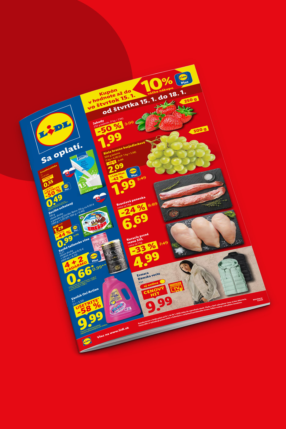 Lidl leták s ponukou jahôd, hrozna, mäsa, mlieka, vína, čistiaceho prostriedku Vanish a dámskej vesty.