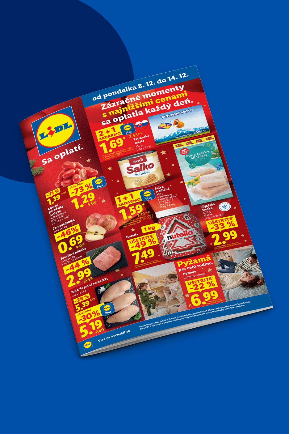 Lidl leták s ponukou potravín ako mäso, ryby, Nutella a pyžamá, s výraznými zľavami.