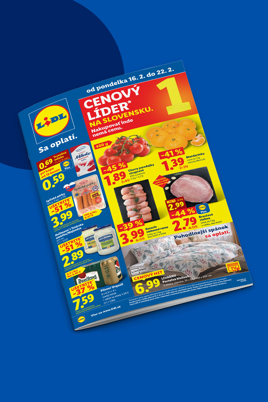 Lidl leták s ponukou potravín ako paradajky, mandarínky, mäso a posteľná bielizeň.