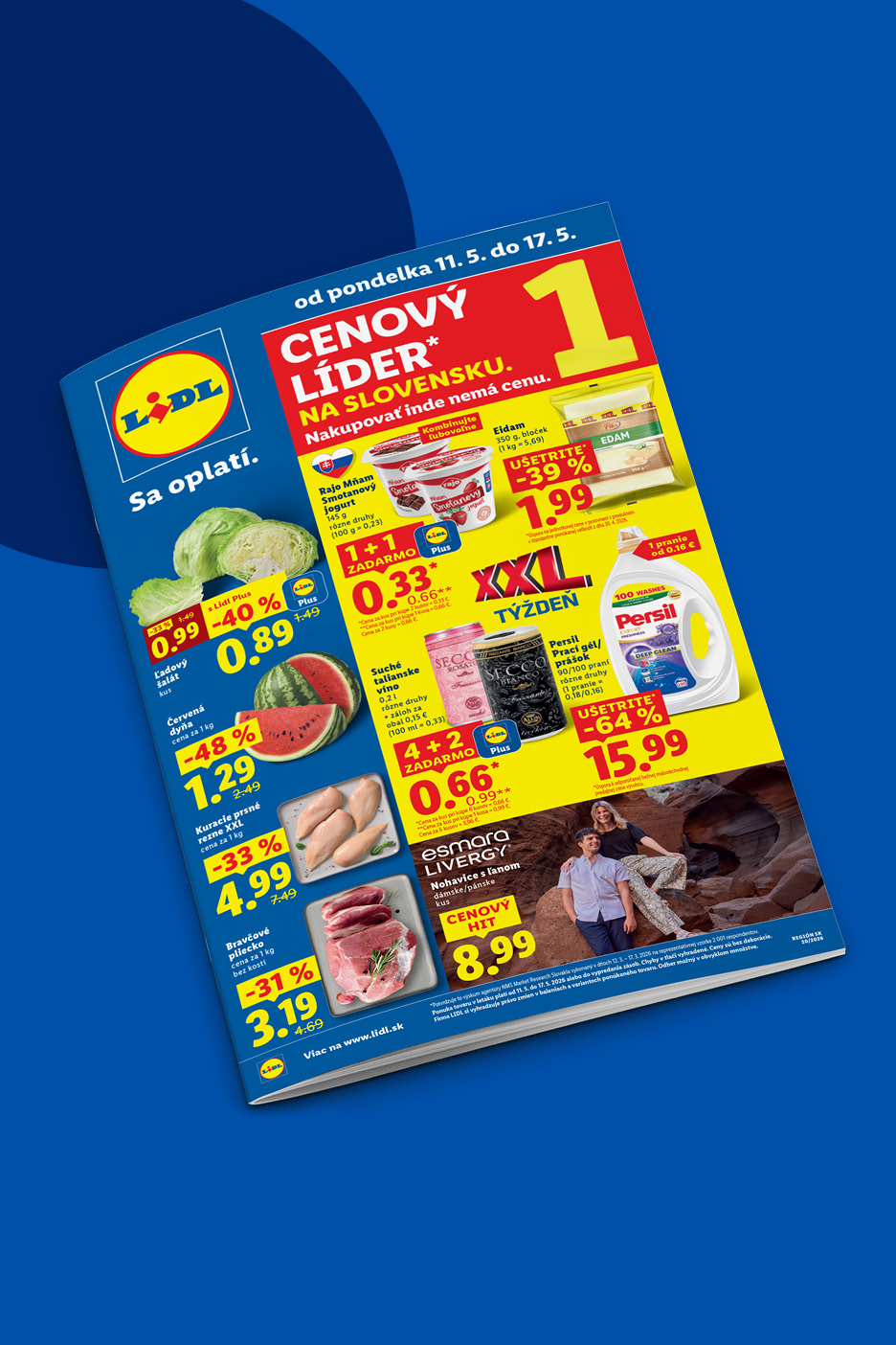 Lidl leták s ponukou potravín a tovaru, vrátane jogurtov, syra, šalátu, melónu, mäsa, vína, pracieho gélu a oblečenia.
