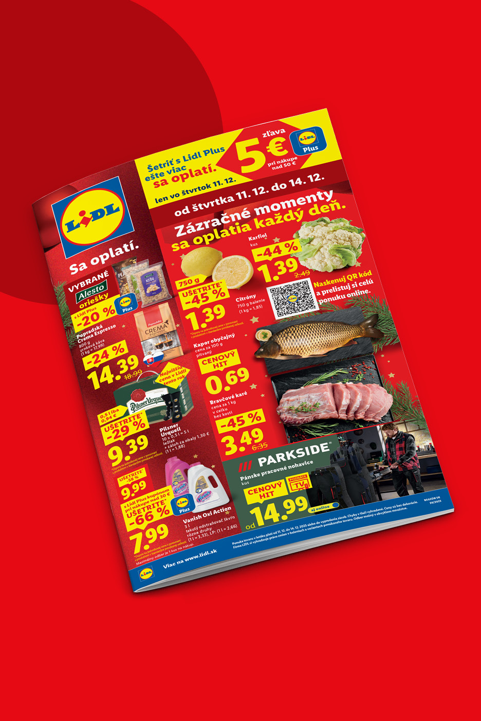 Lidl leták s ponukou kávy Popradská, piva Pilsner Urquell, citrónov, kapra, bravčového karé a pracovných nohavíc Parkside.