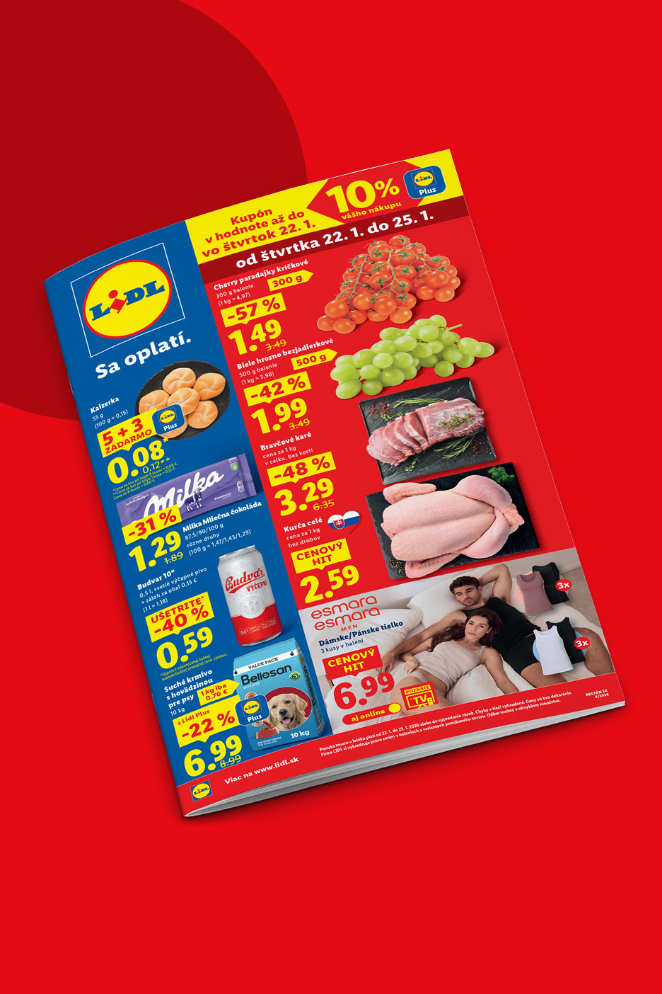 Lidl leták s ponukou potravín ako paradajky, hrozno, mäso, čokoláda Milka a pivo Budvar, plus oblečenie Esmara.