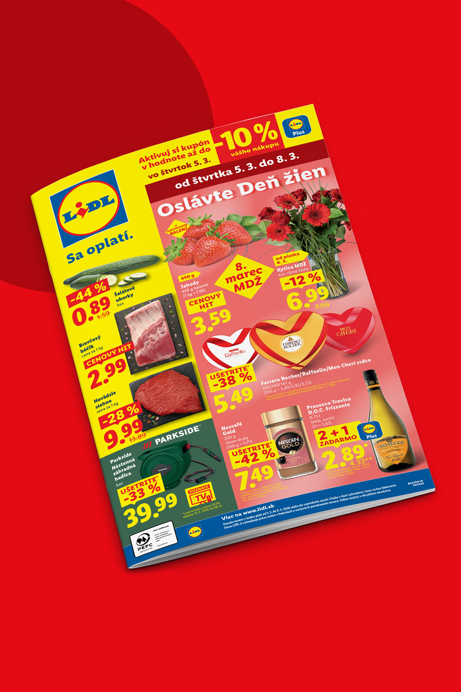 Lidl leták s ponukou od 5. 3. do 8. 3. vrátane jahôd, kvetov, mäsa, čokoládových bonbónov a prosecca.