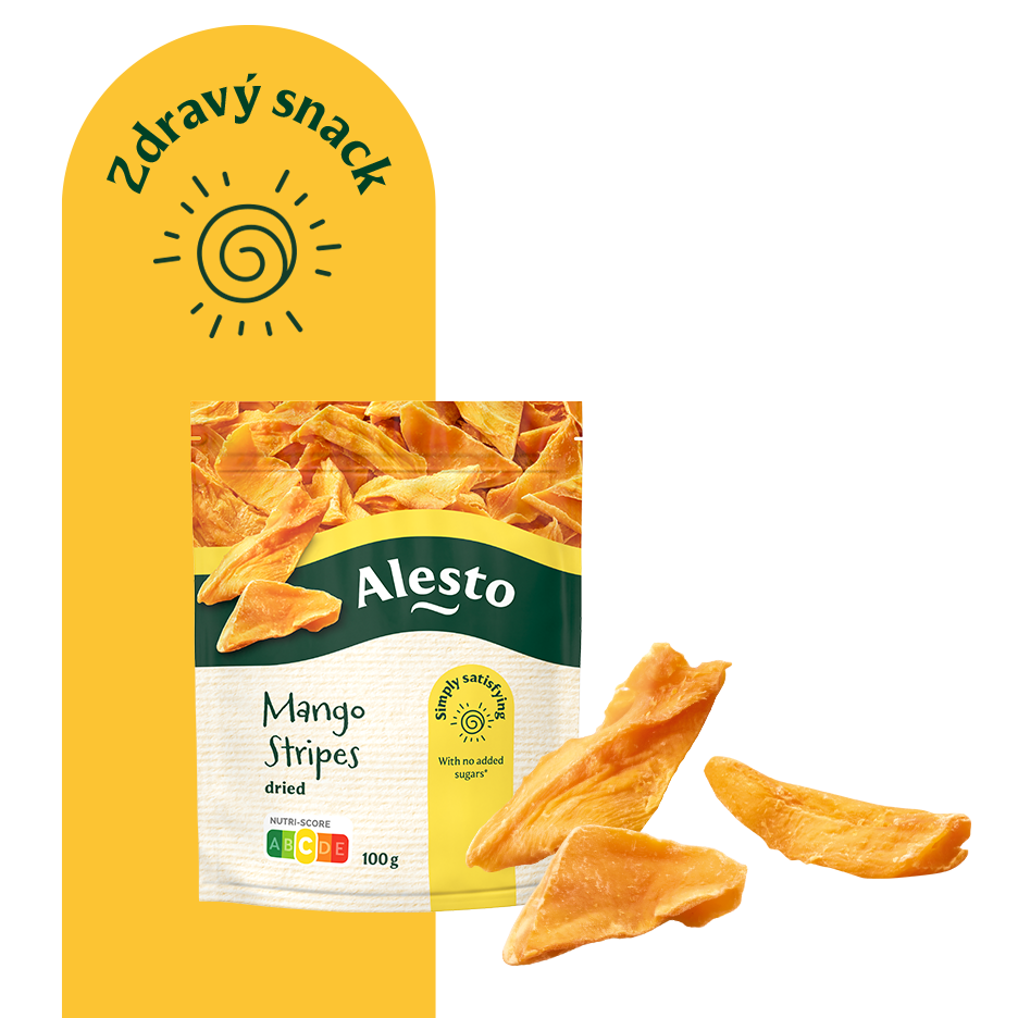 Sušené mangové prúžky v obale s nápisom „Zdravý snack“.
