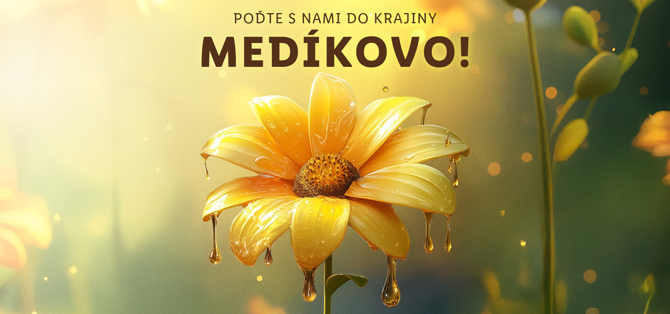 Žltý kvet s medom stekajúcim z lupeňov a textom: „POĎTE S NAMI DO KRAJINY MEDÍKOVO!“