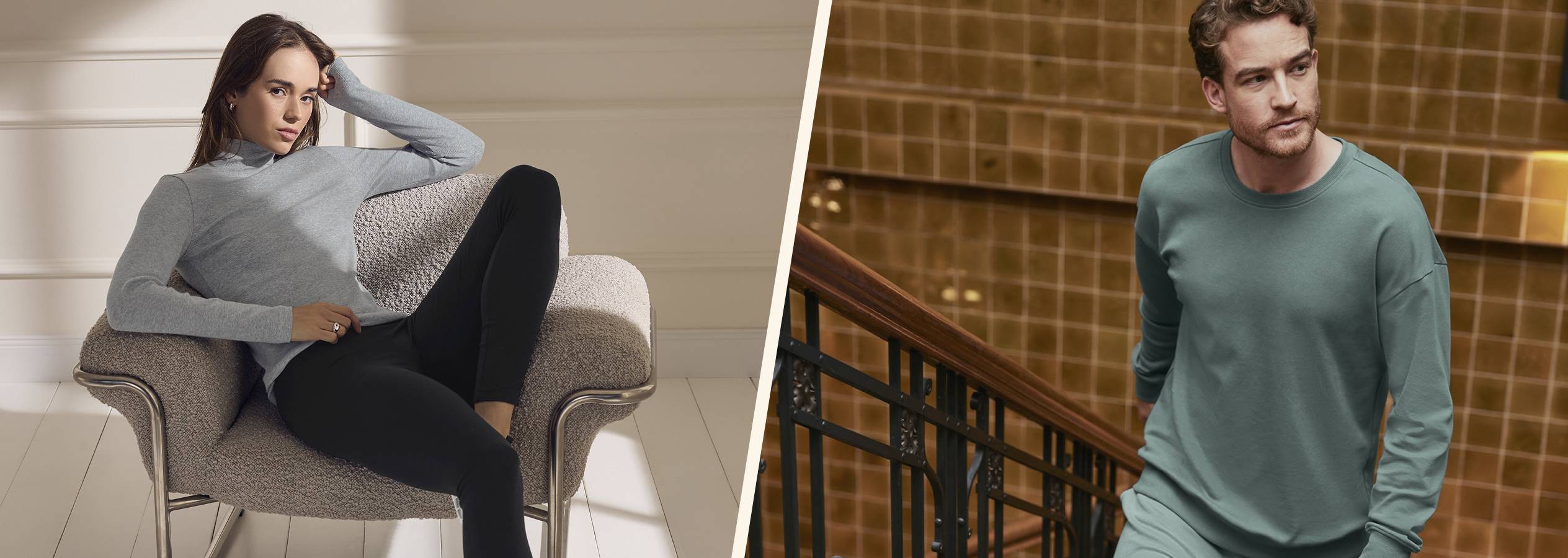 Žena v sivom roláku a čiernych legínach sedí na stoličke, muž v zelenom pulóvri stojí pri schodoch.