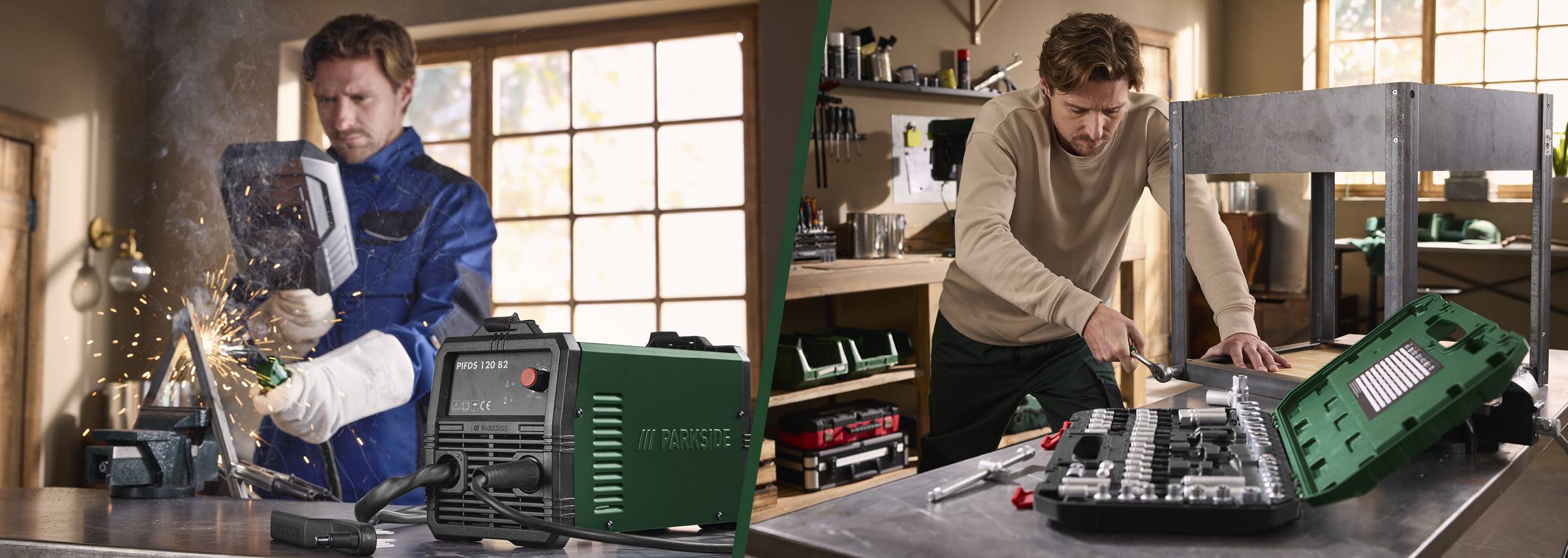 Muž zvára kov a montuje kovový rám pomocou súpravy náradia.