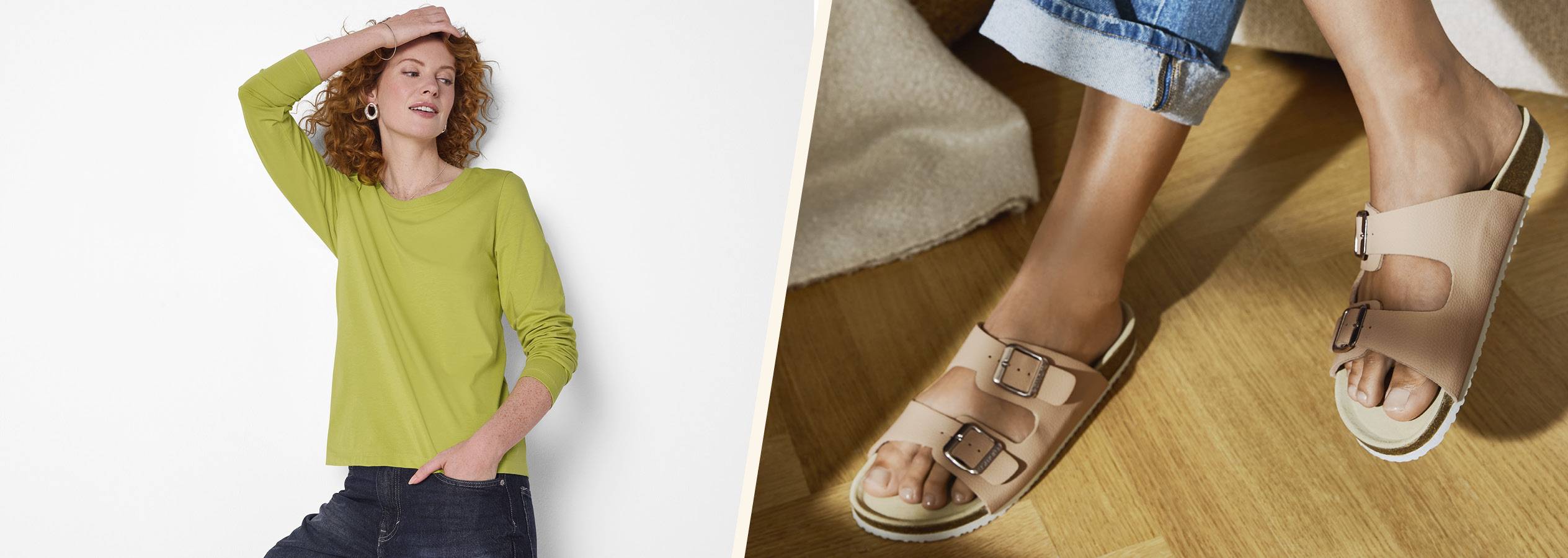 Žena v limetkovo zelenom tričku a džínsoch, vedľa nej nohy v béžových sandáloch.