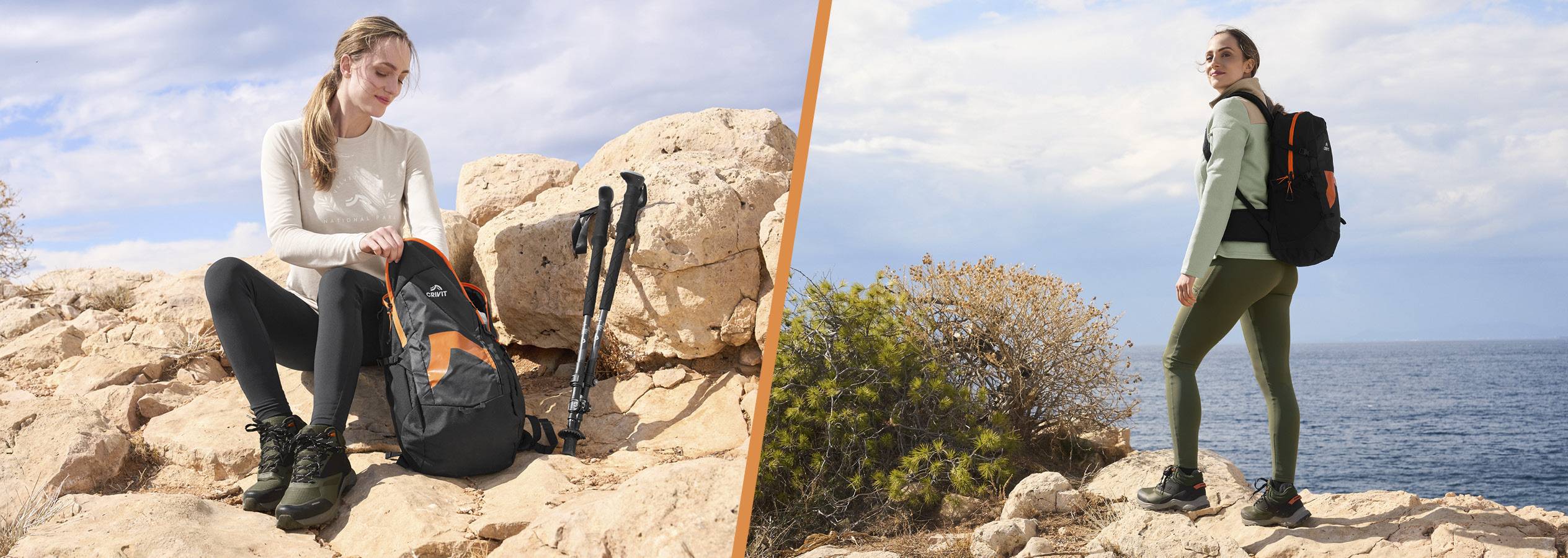 Žena v turistickom oblečení s batohom a palicami na skalnatom pobreží.