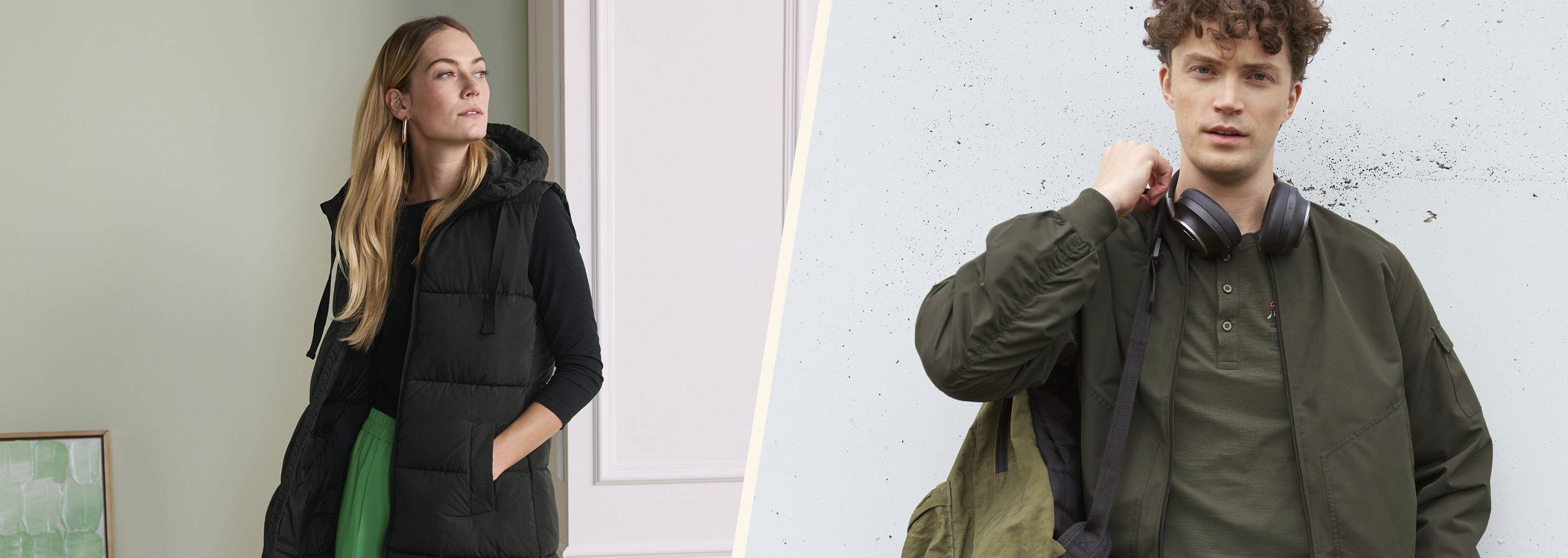 Žena v čiernej prešívanej veste s kapucňou a muž v zelenej bomber bunde so slúchadlami.