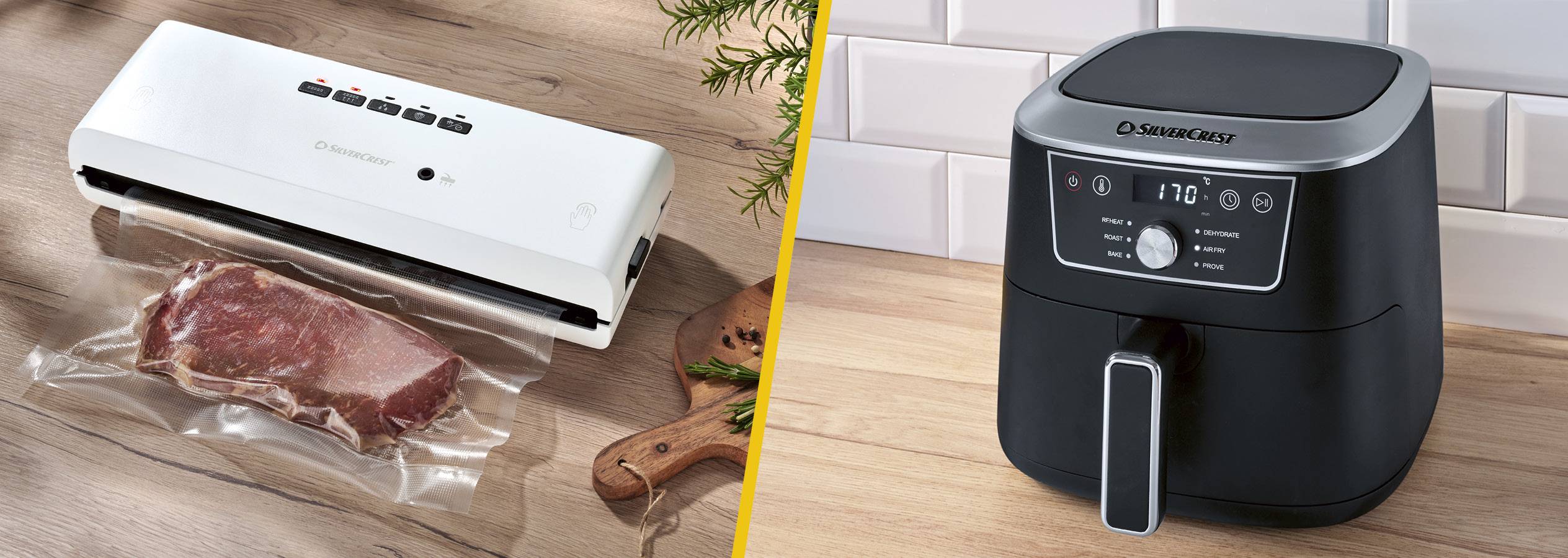 Vákuovačka s mäsom a teplovzdušná fritéza na drevenej doske.