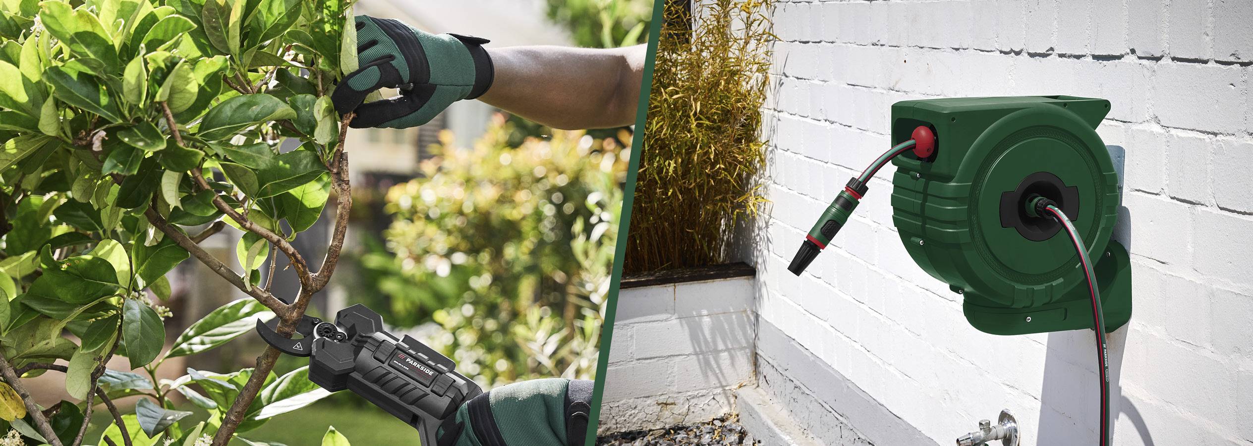 Záhradné nožnice strihajúce konár a nástenný navijak na záhradnú hadicu.