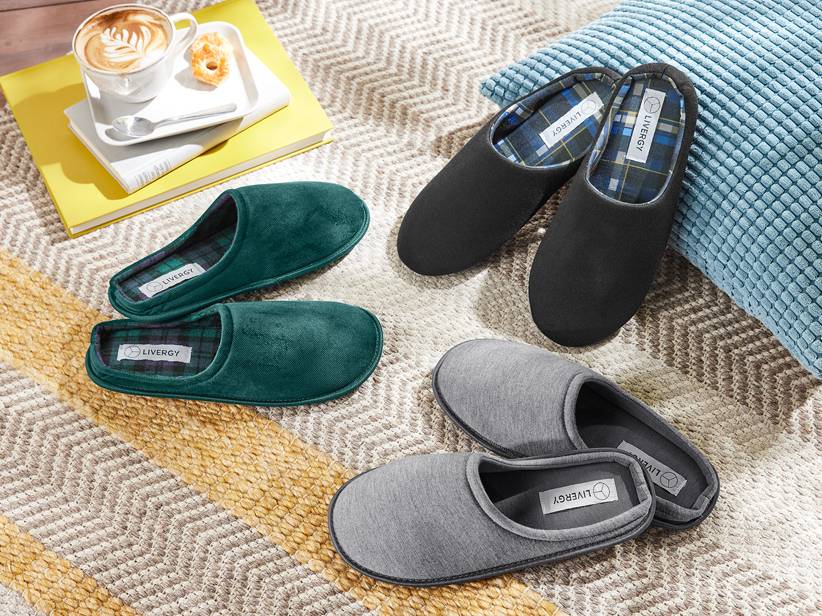 Papuče Livergy: tmavozelené, čierne a sivé.