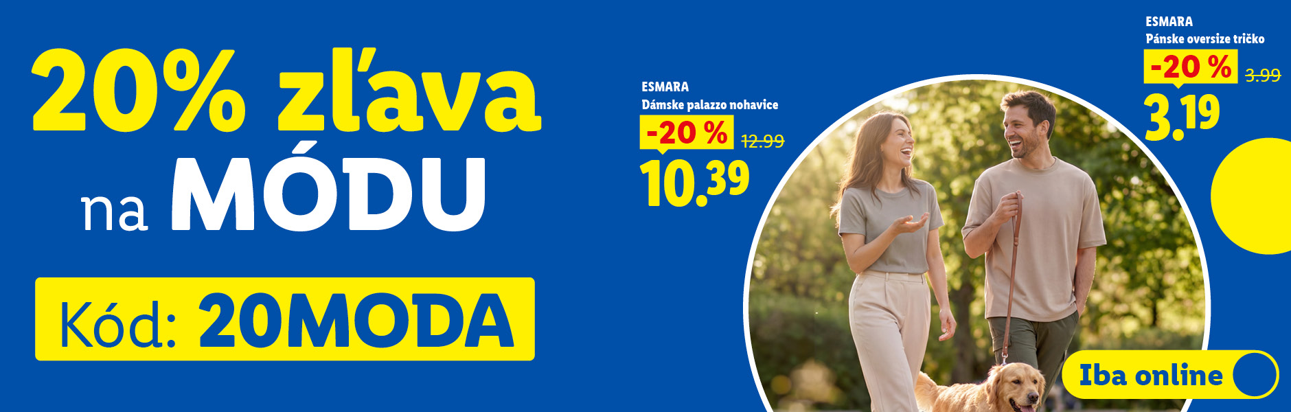 20% zľava na módu s kódom 20MODA, vrátane dámskych palazzo nohavíc po zľave za 10,39 eur a pánskeho oversize trička po zľave s kódom za 3,19 eur.