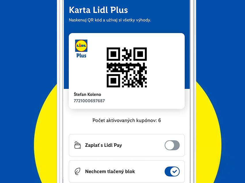 Mobilná aplikácia vernostnej karty s QR kódom, menom používateľa a počtom aktivovaných kupónov.