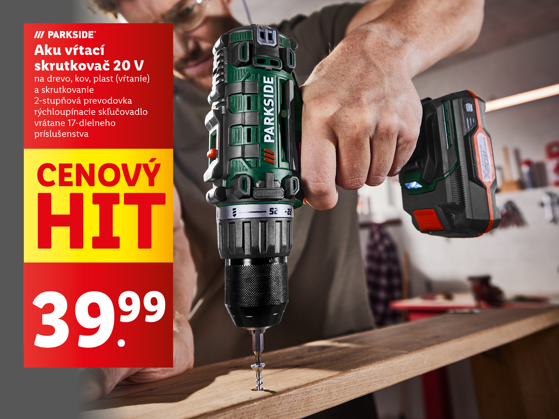Akumulátorový vŕtací skrutkovač Parkside 20V v akcii za 39,99€.
