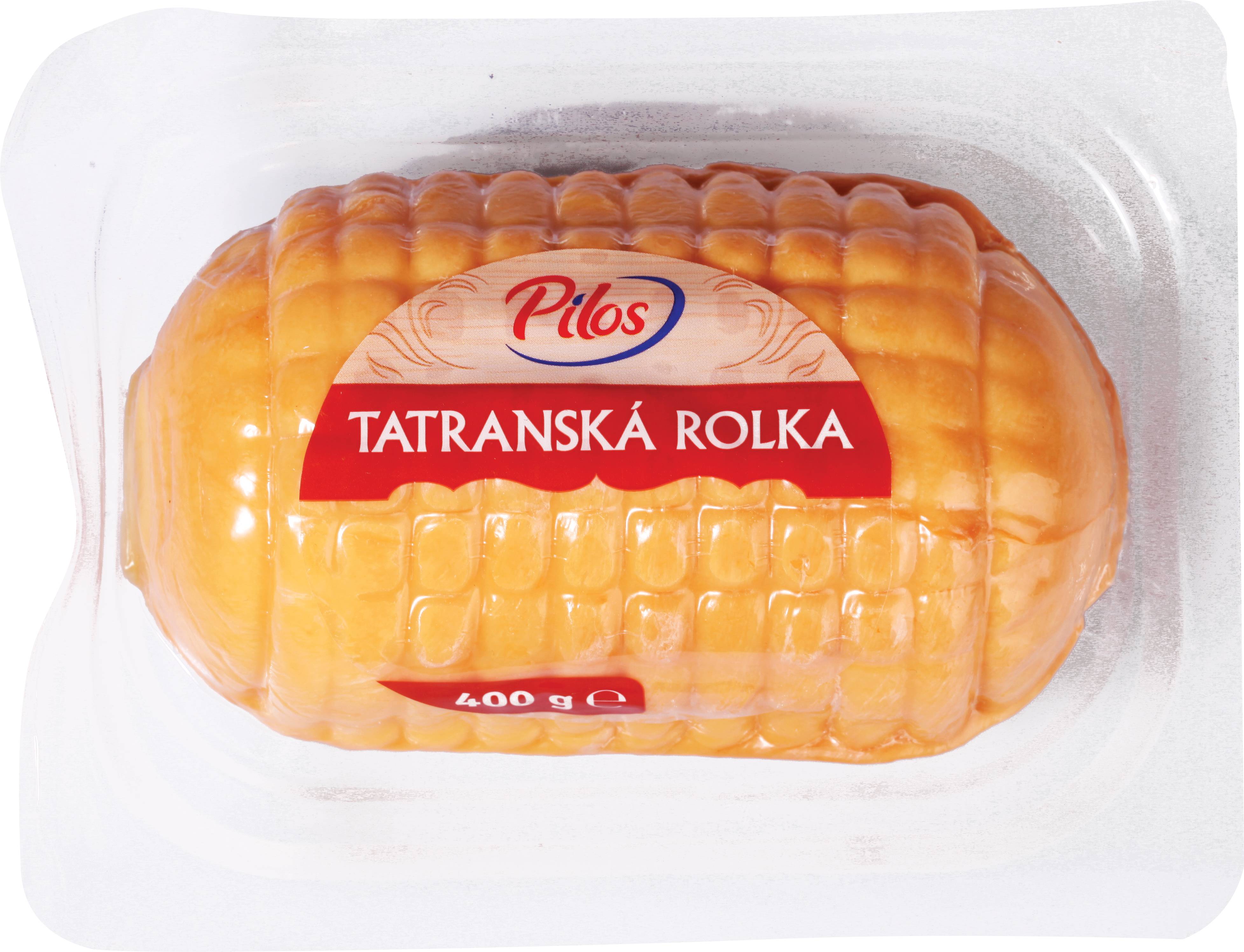 Údený syr v tvare rolky v priehľadnom obale, s nápisom 'TATRANSKÁ ROLKA' a hmotnosťou 400 g.