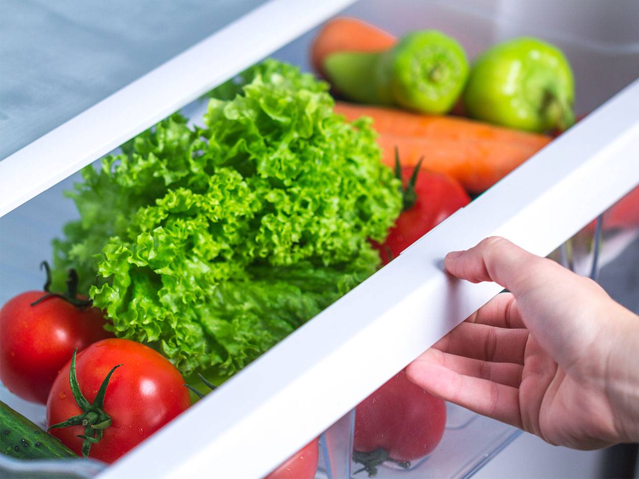 Salát, paradajky a mrkva v chladničke.