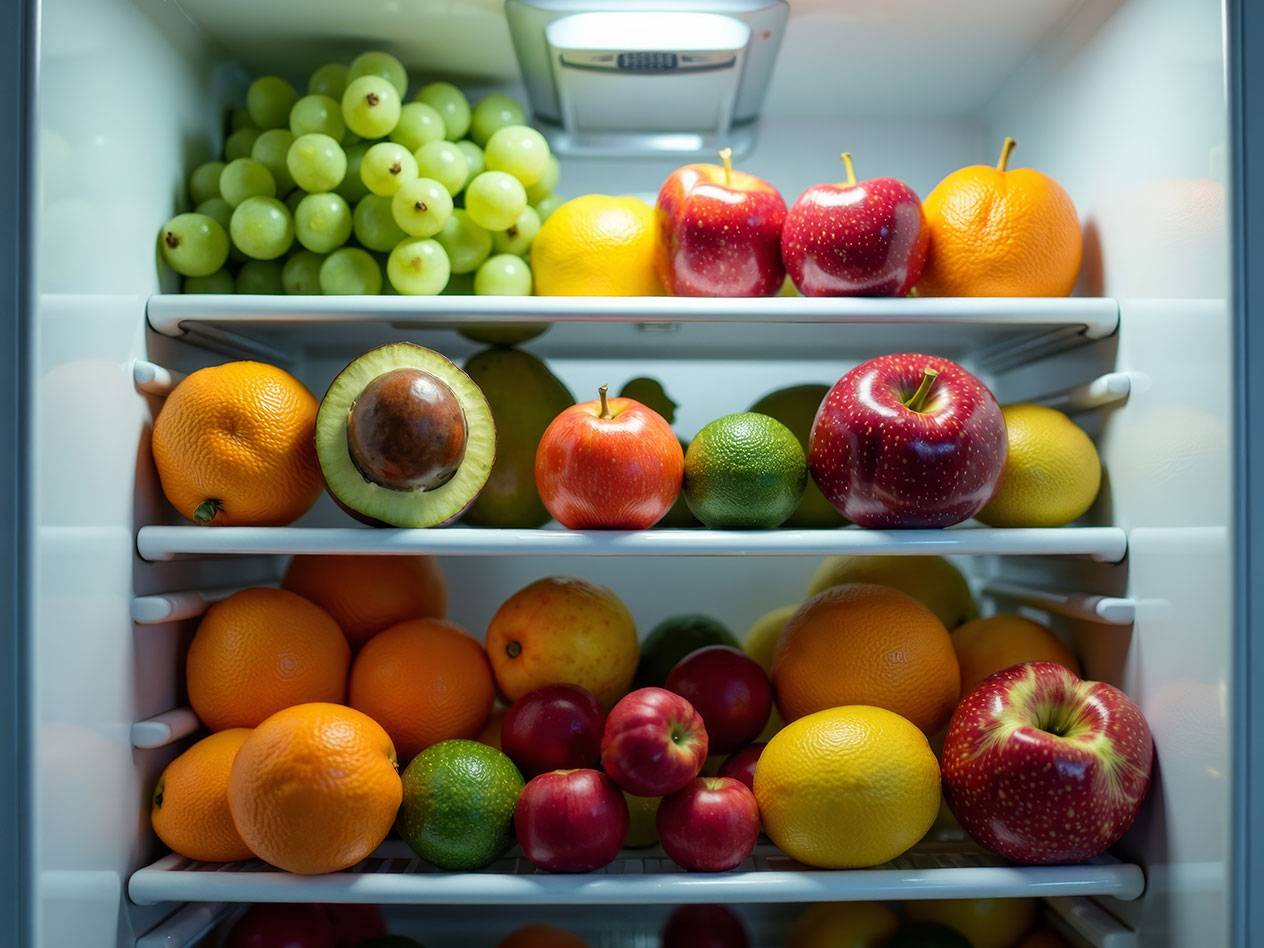 Zelené hrozno, jablká, pomaranče, avokáda v chladničke.